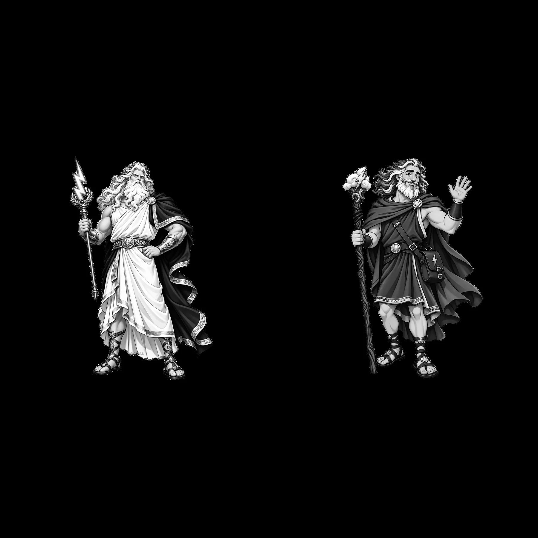 Zeus with lightning bolt and staff in monochrome cartoon design - AI-generated stock image
