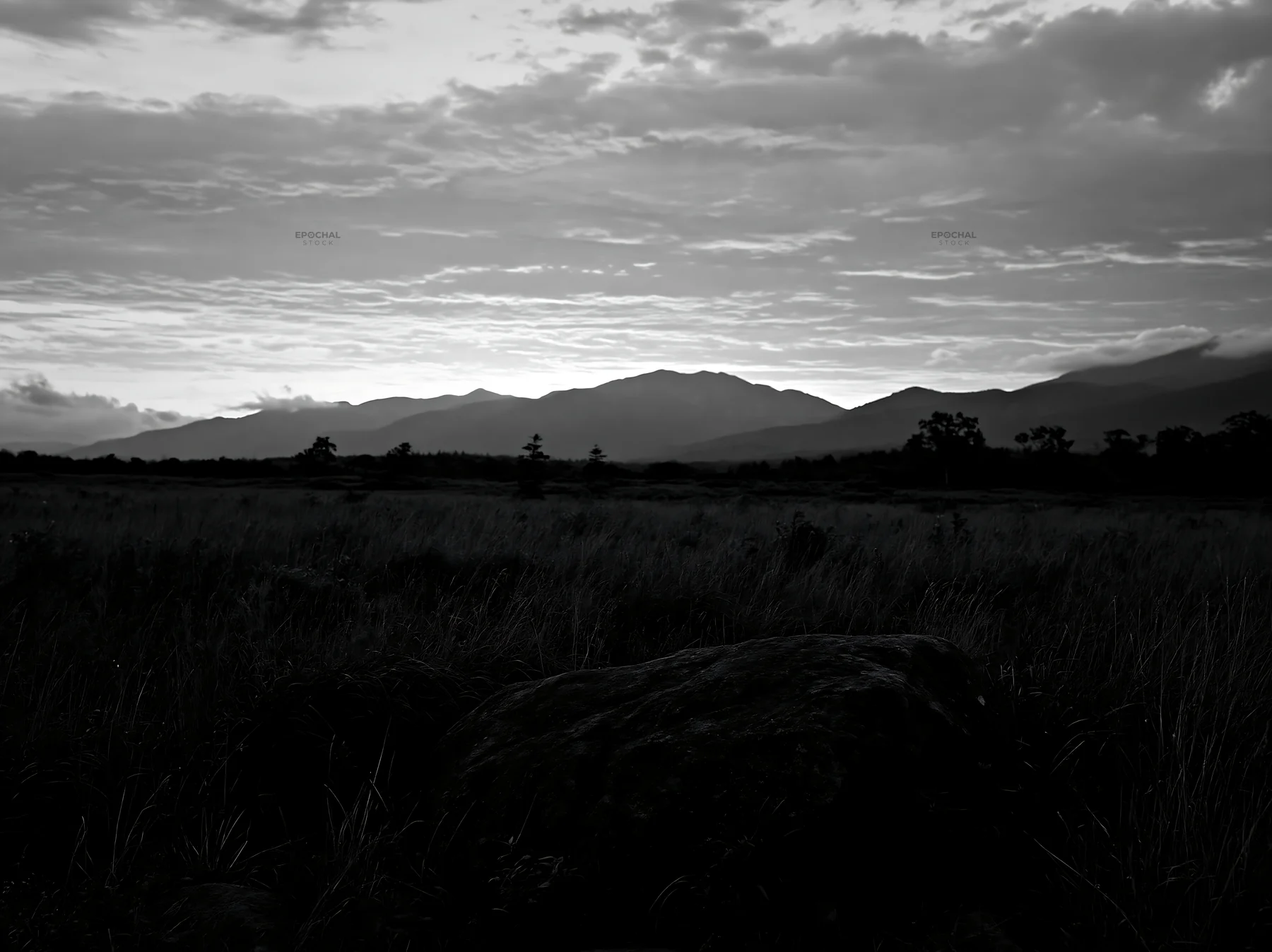 Aomori meadow with boulder and mountains in black and white - AI-generated stock image