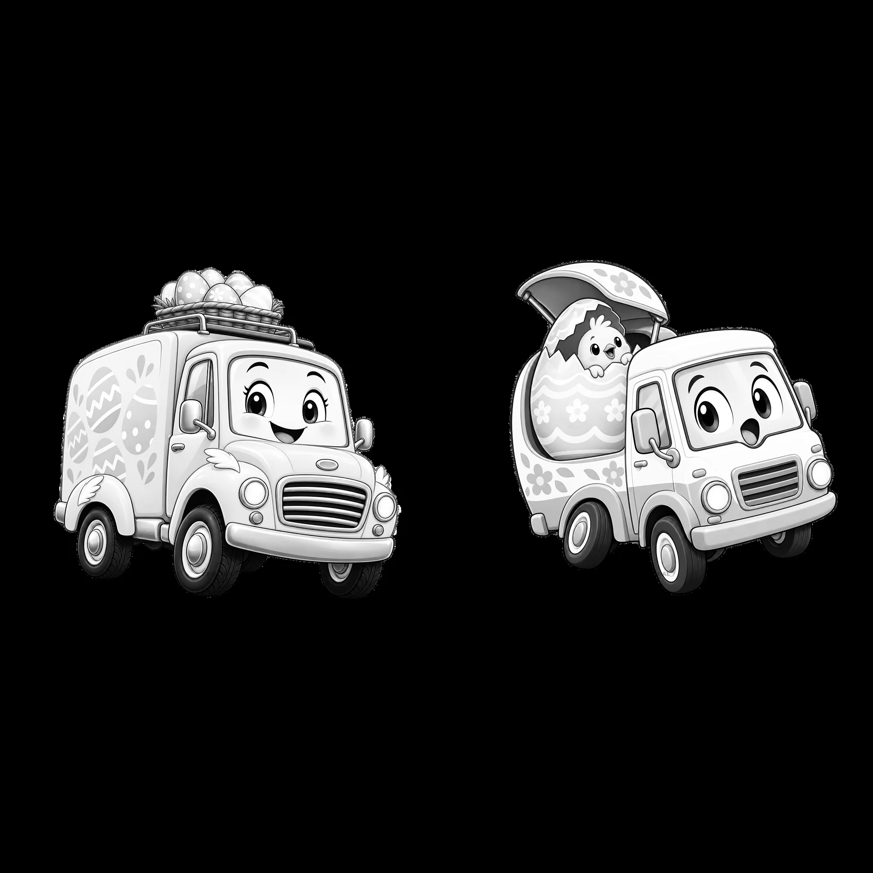 Easter trucks delivering eggs with cute designs and shapes - AI-generated stock image