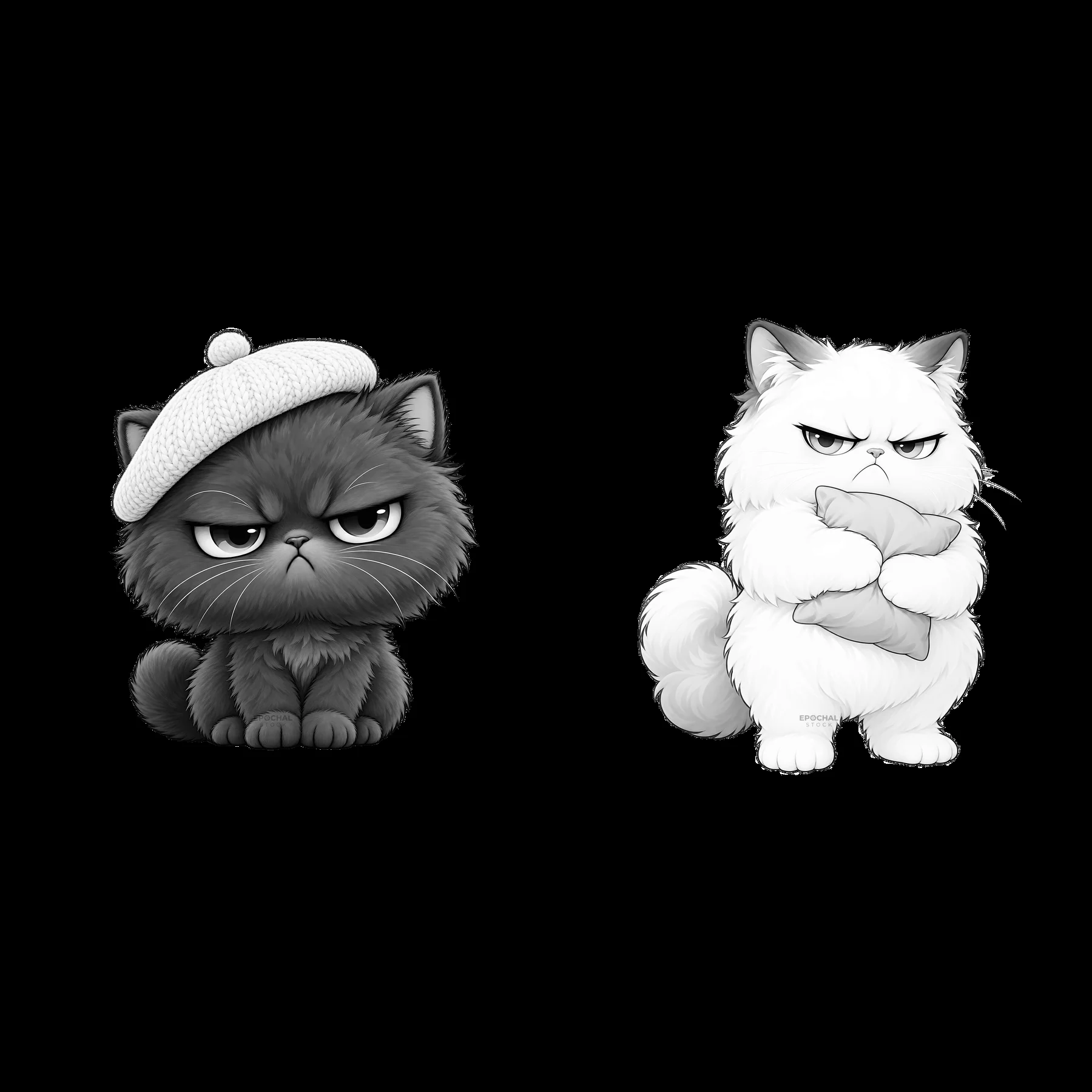 Kawaii grumpy cat duo with accessories in monochrome design - AI-generated stock image