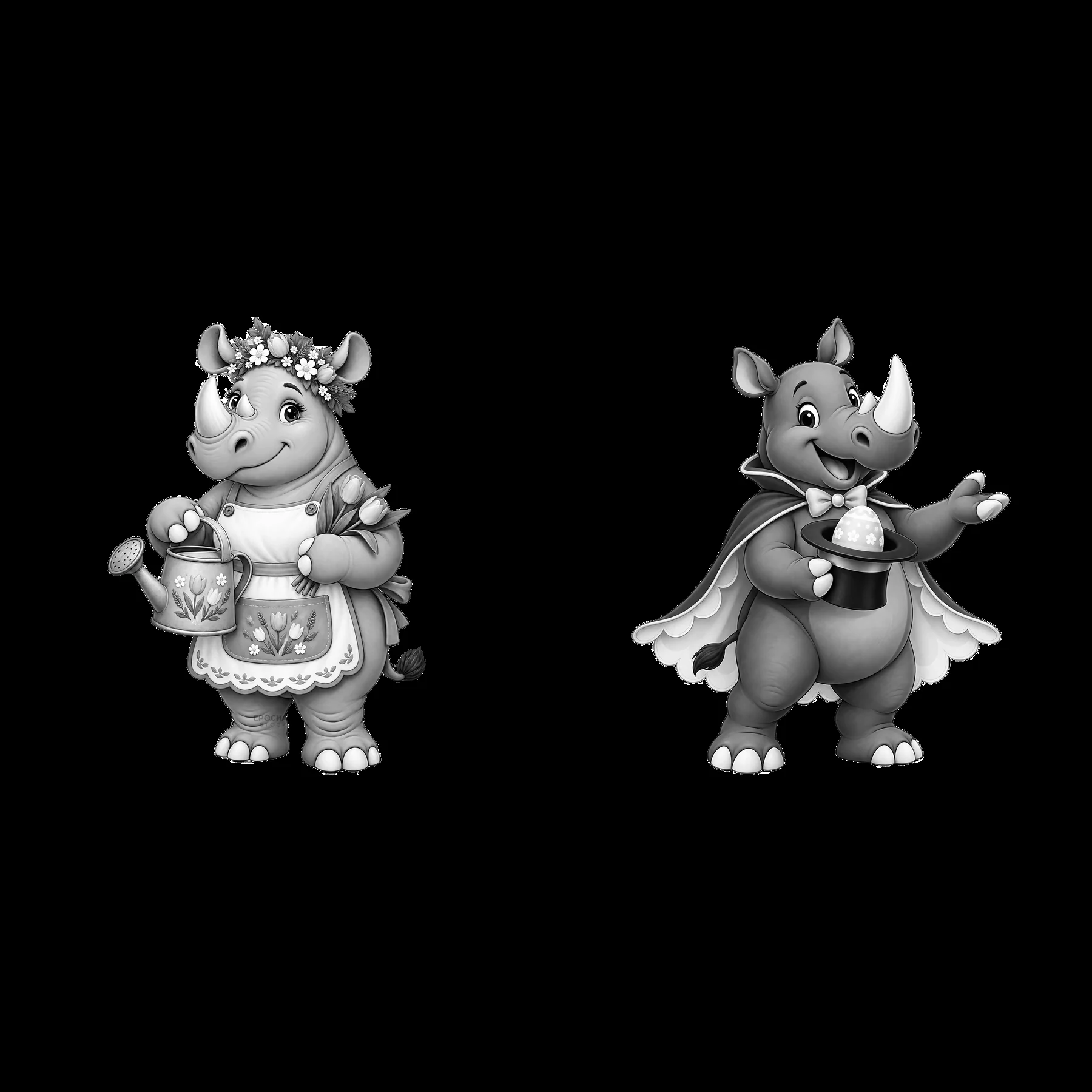Easter rhinoceros characters watering plants and holding eggs - AI-generated stock image