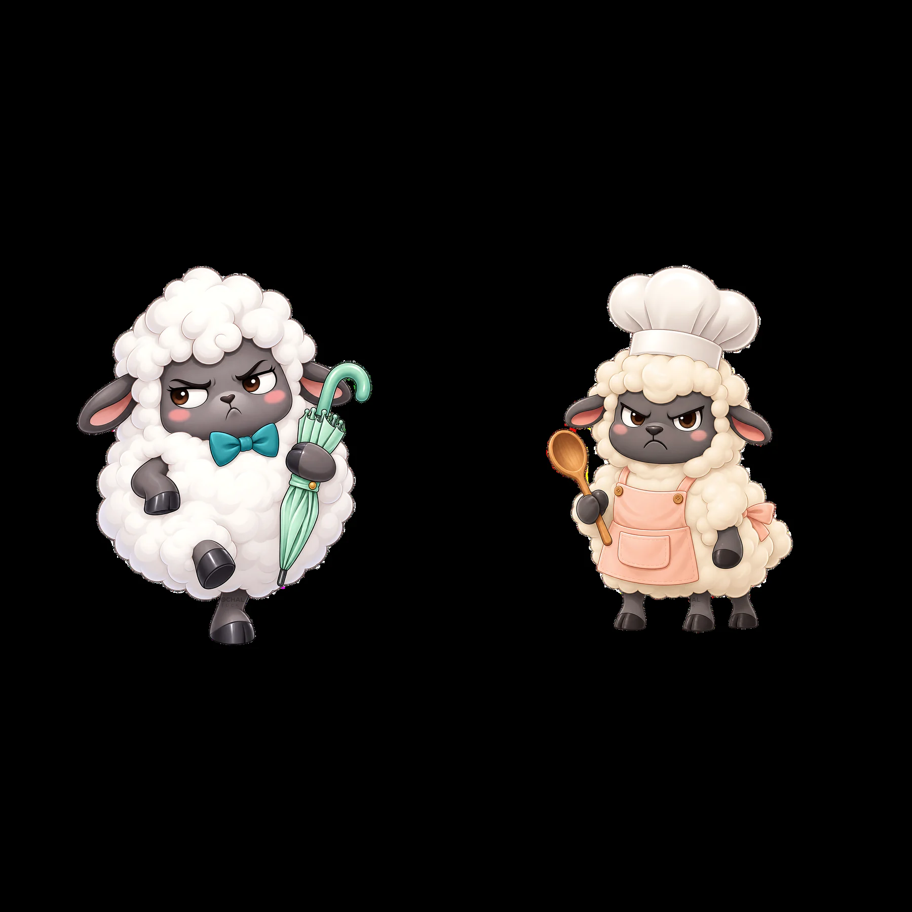 Grumpy sheep with umbrella and sheep chef holding spoon - AI-generated stock image