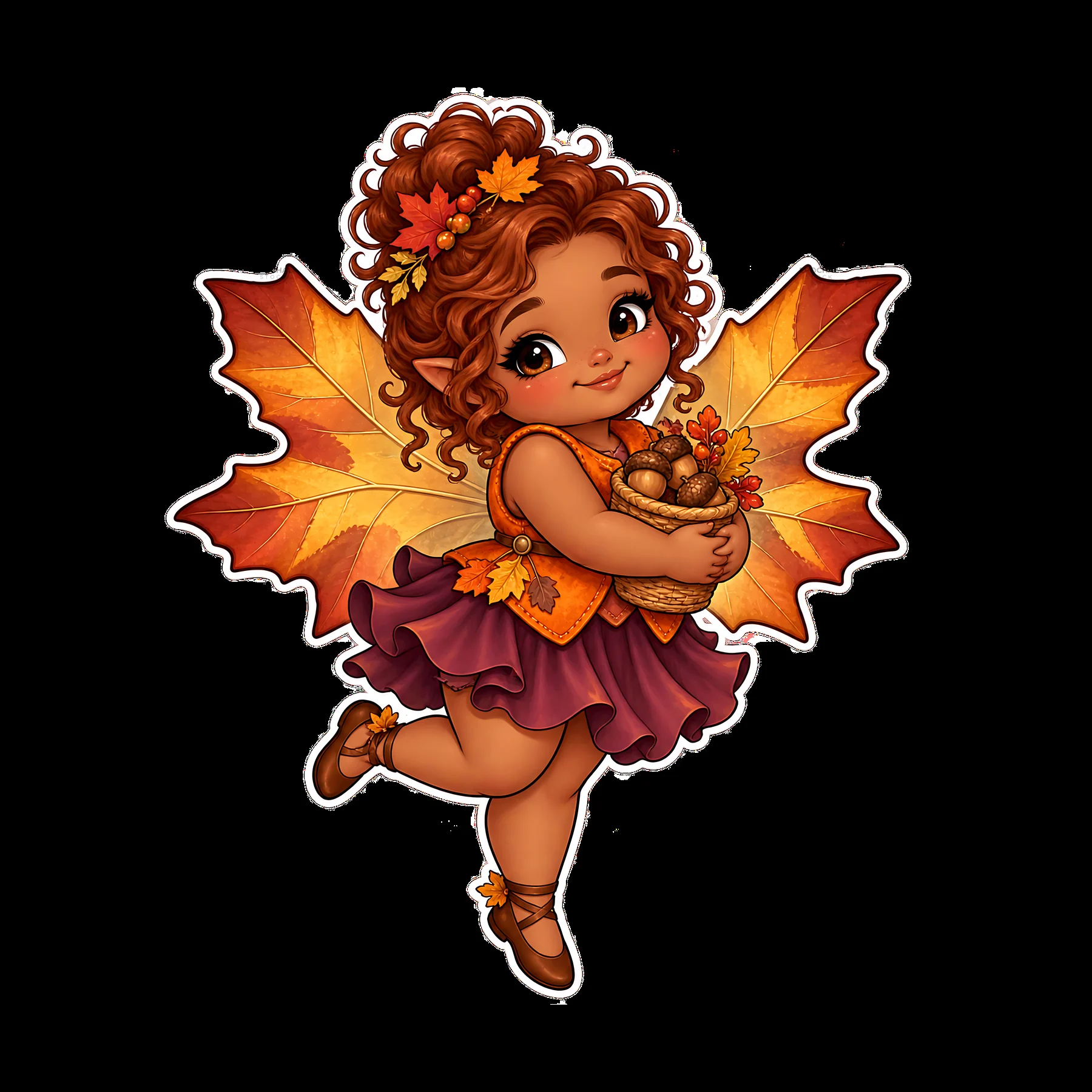 Chubby fairy with autumn leaves and acorns in a basket - AI-generated stock image