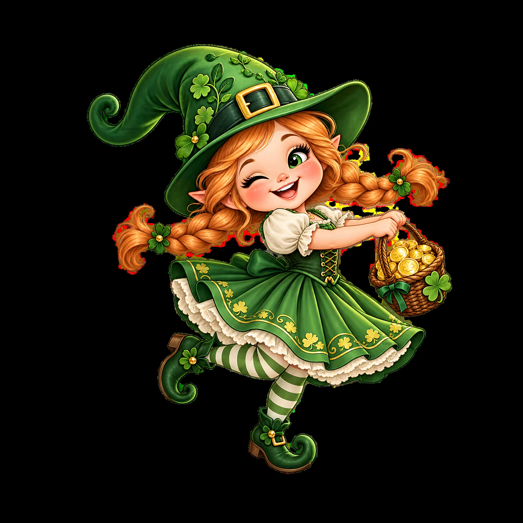 St. Patrick's Day gnome girl holding a basket of gold coins - AI-generated stock image