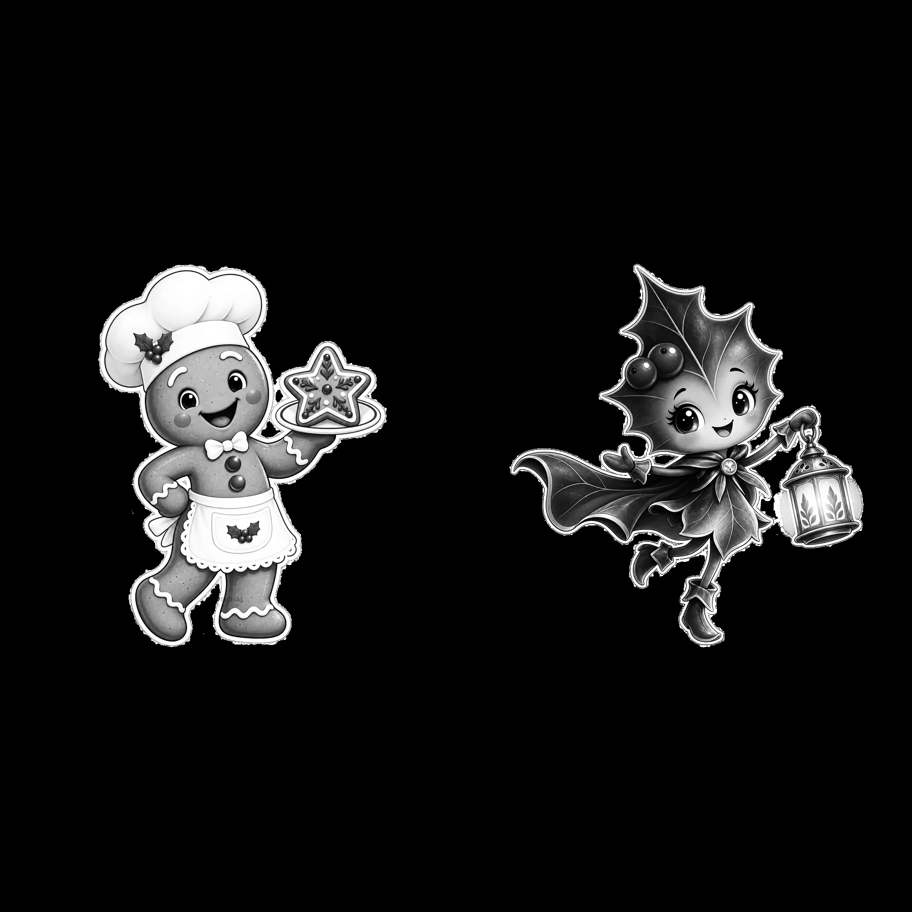 Monochrome two isolated cartoon figure stickers - AI-generated stock image