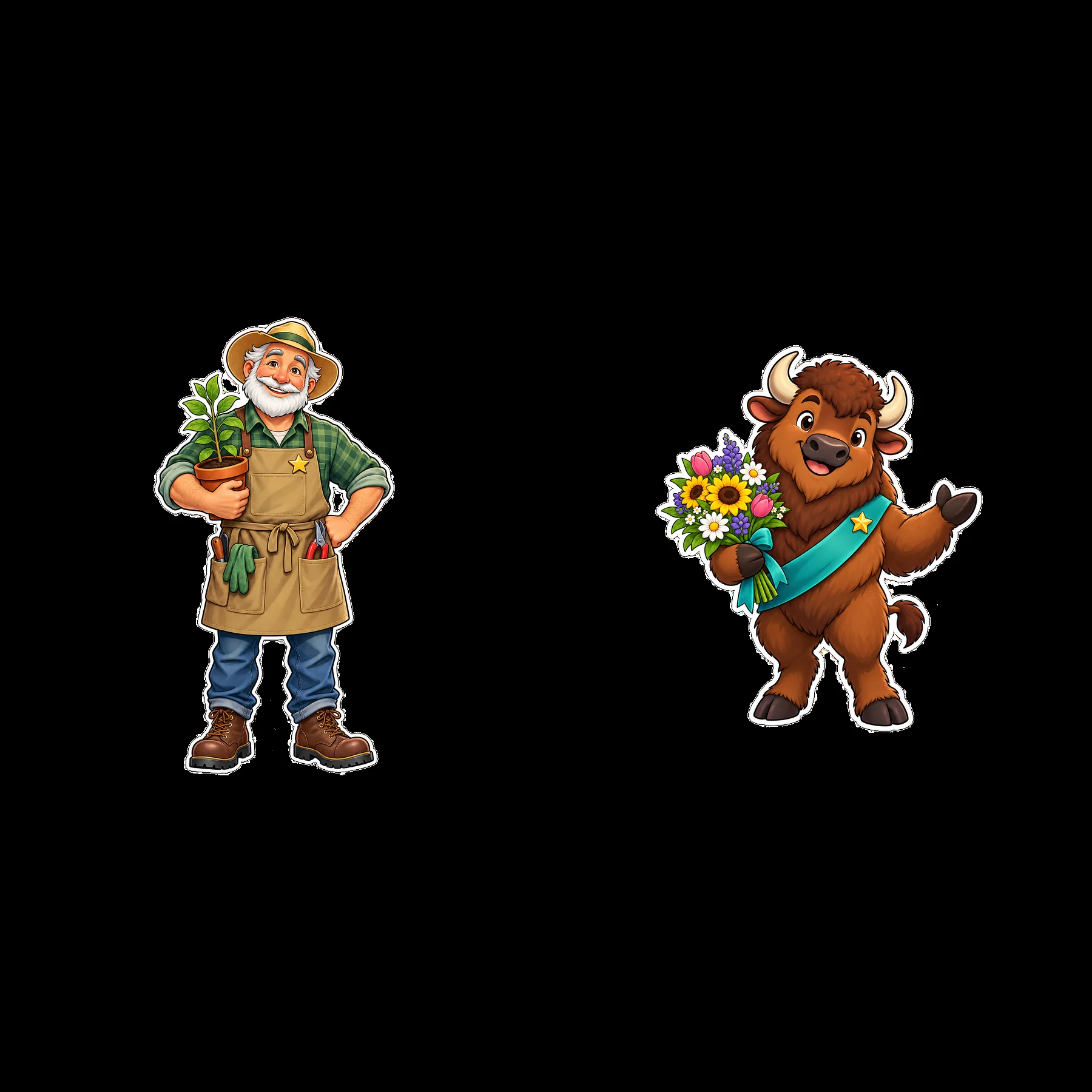 Gardener with plants and bison holding flowers in a pair - AI-generated stock image