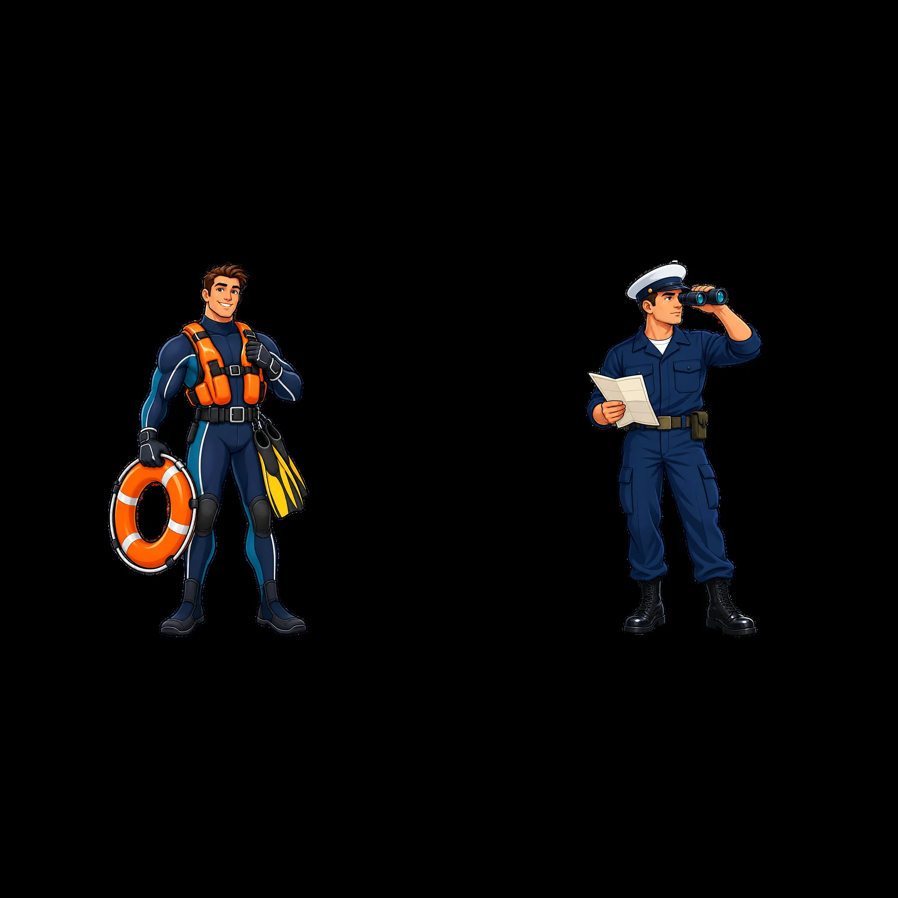 Cartoon stickers of a rescue diver and a naval officer on duty - AI-generated stock image