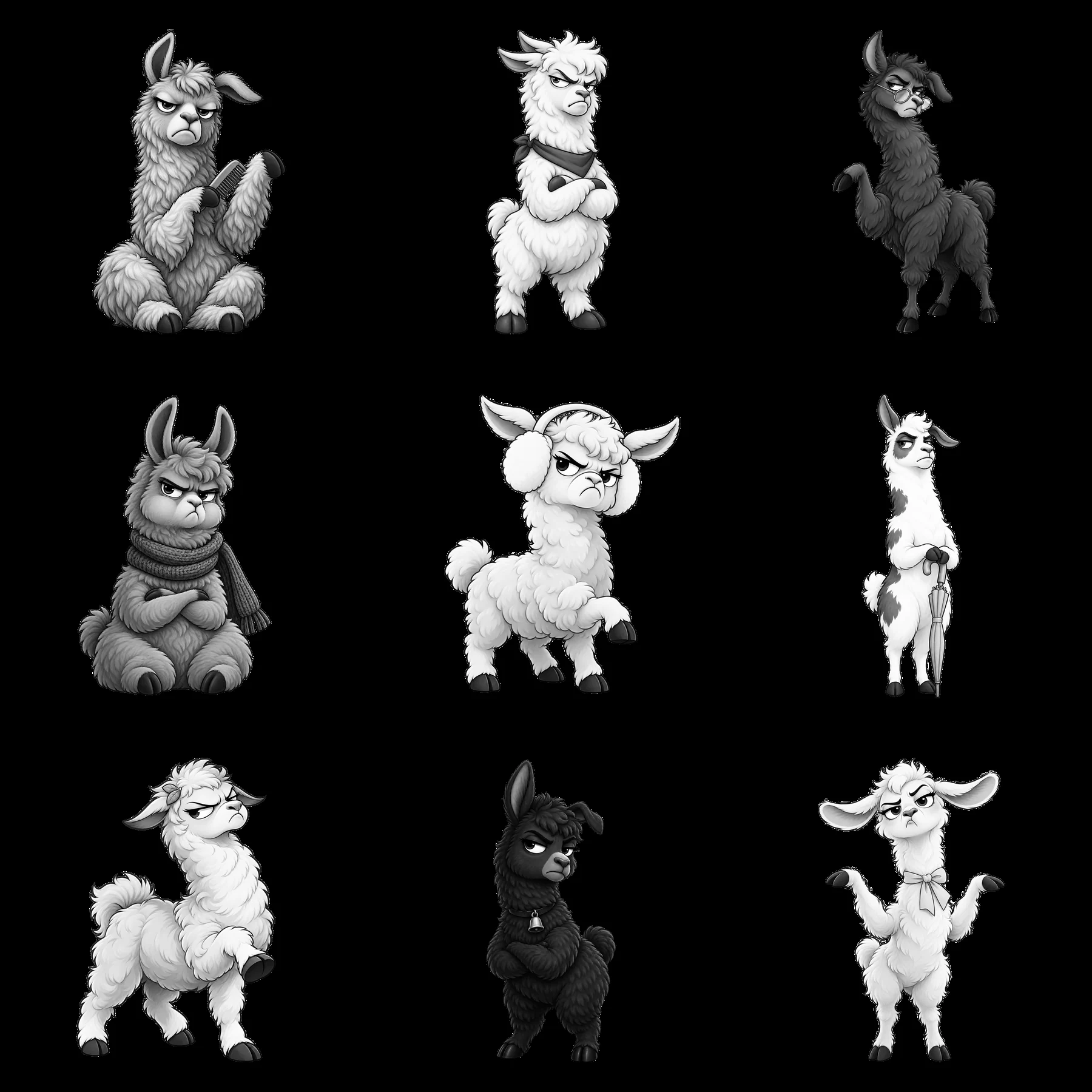 Grumpy cartoon llamas and sheep in a 3x3 grid arrangement - AI-generated stock image