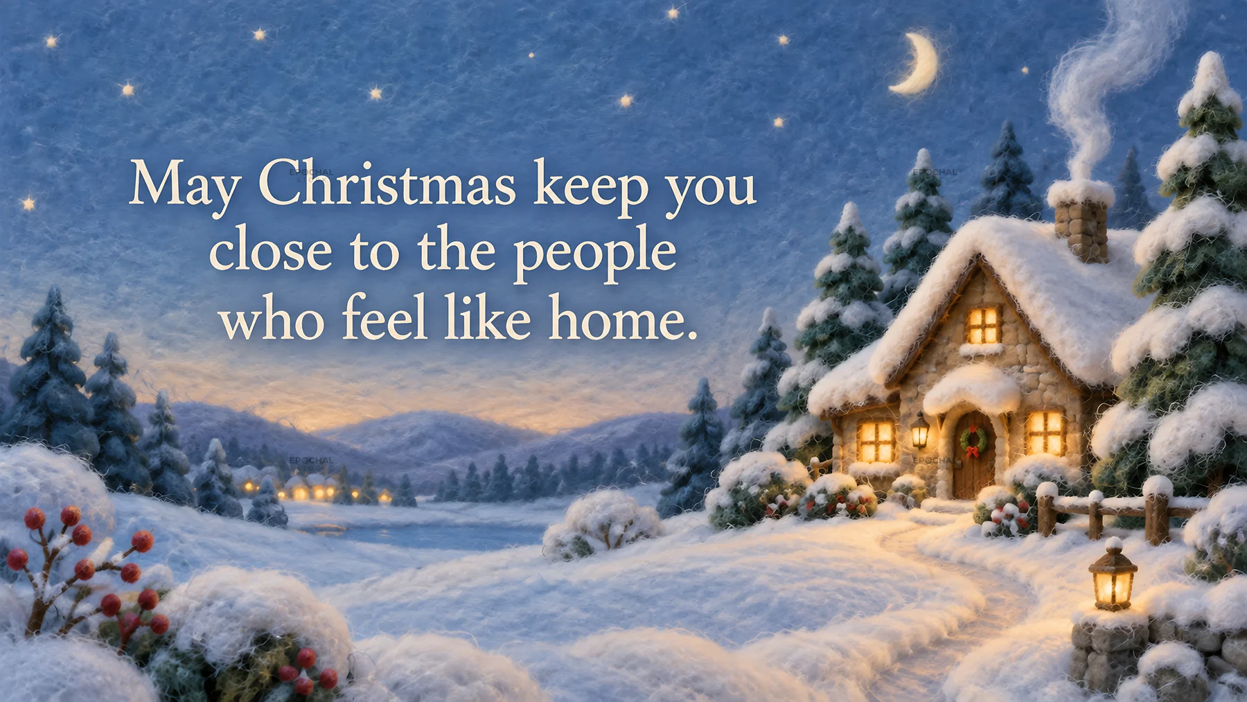Christmas Greeting Over a Snowy Cottage Scene - AI-generated stock image