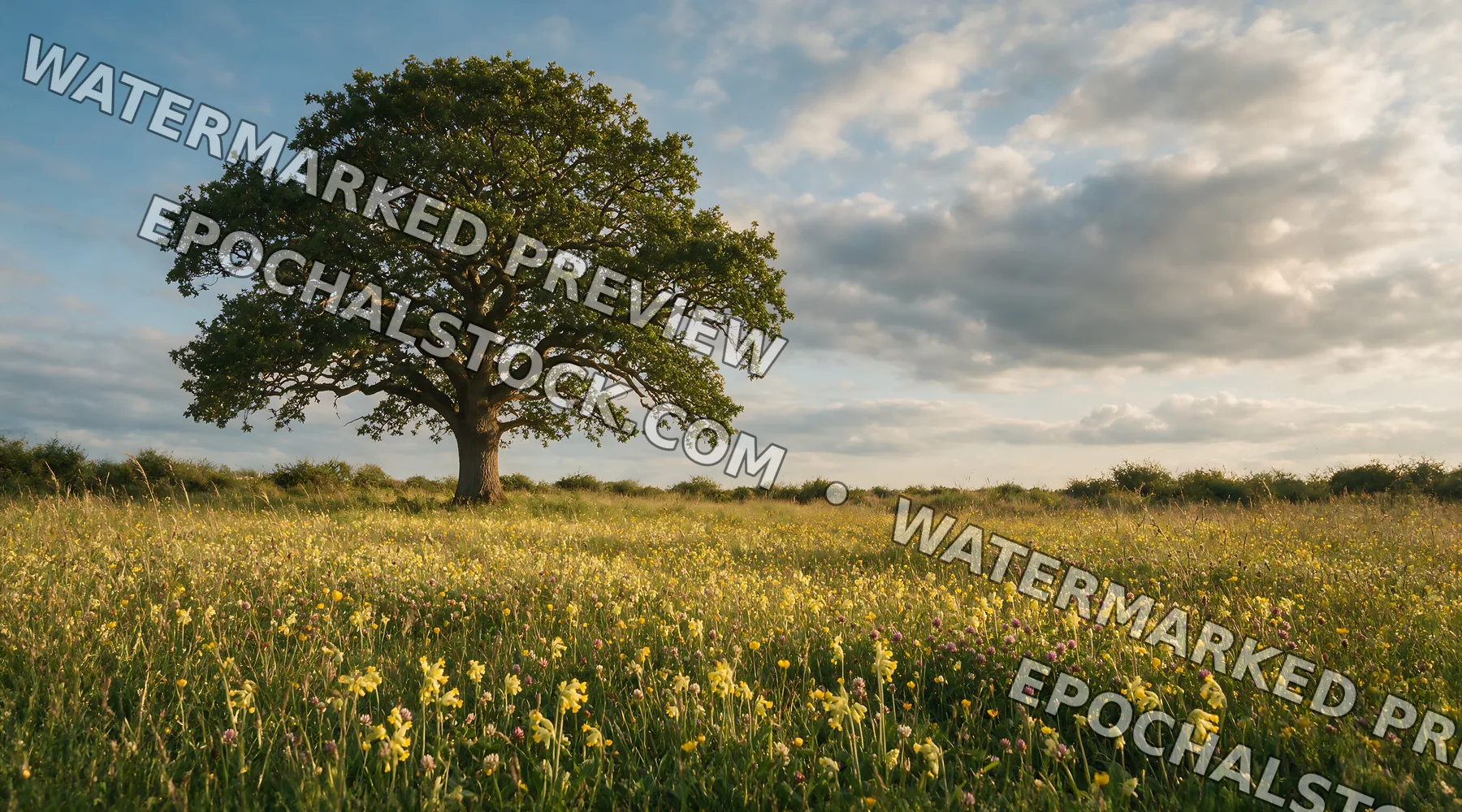 Rewilded meadow with tree and yellow flowers in the landscape - AI-generated stock image