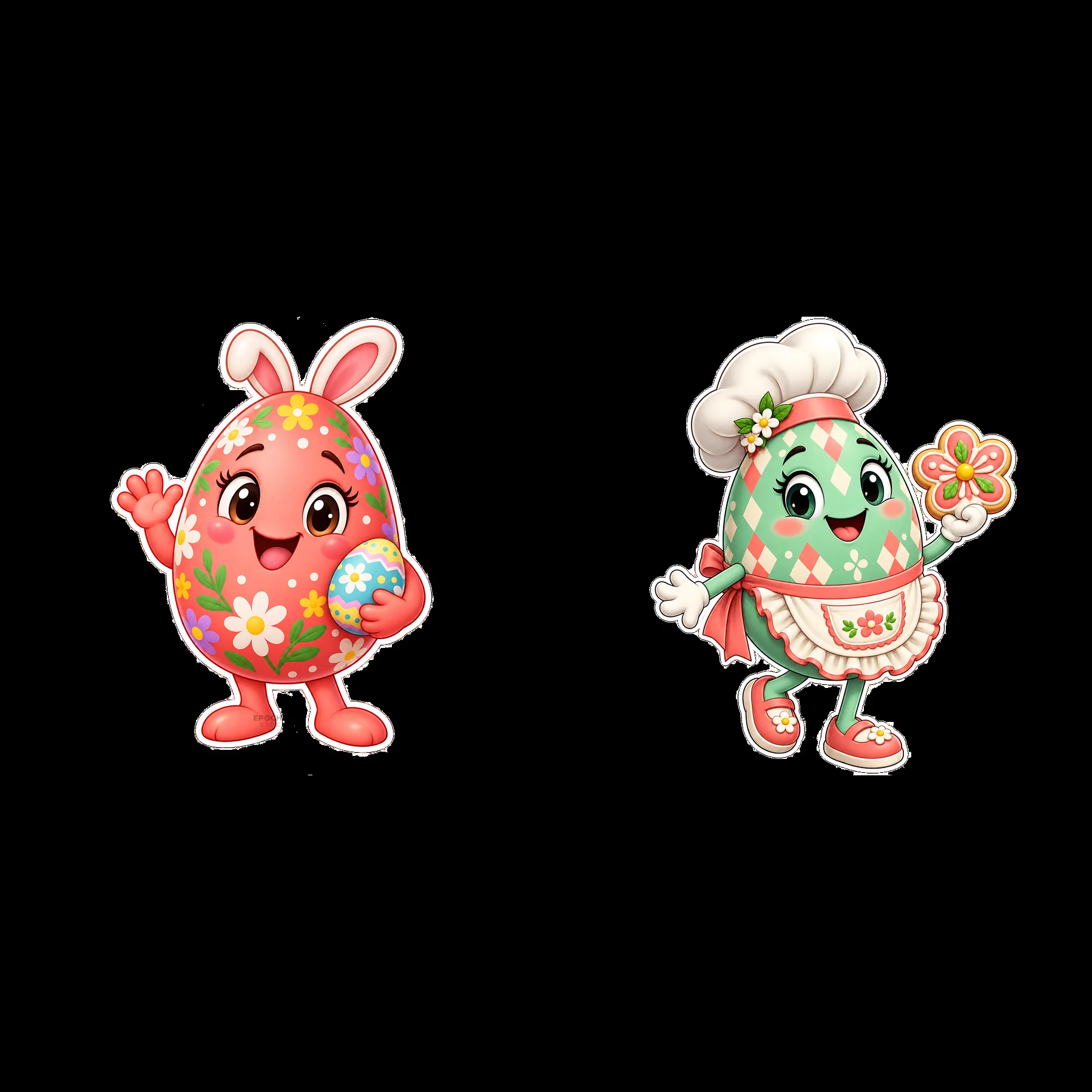 Colorful cartoon Easter eggs with festive decorations and expressions - AI-generated stock image