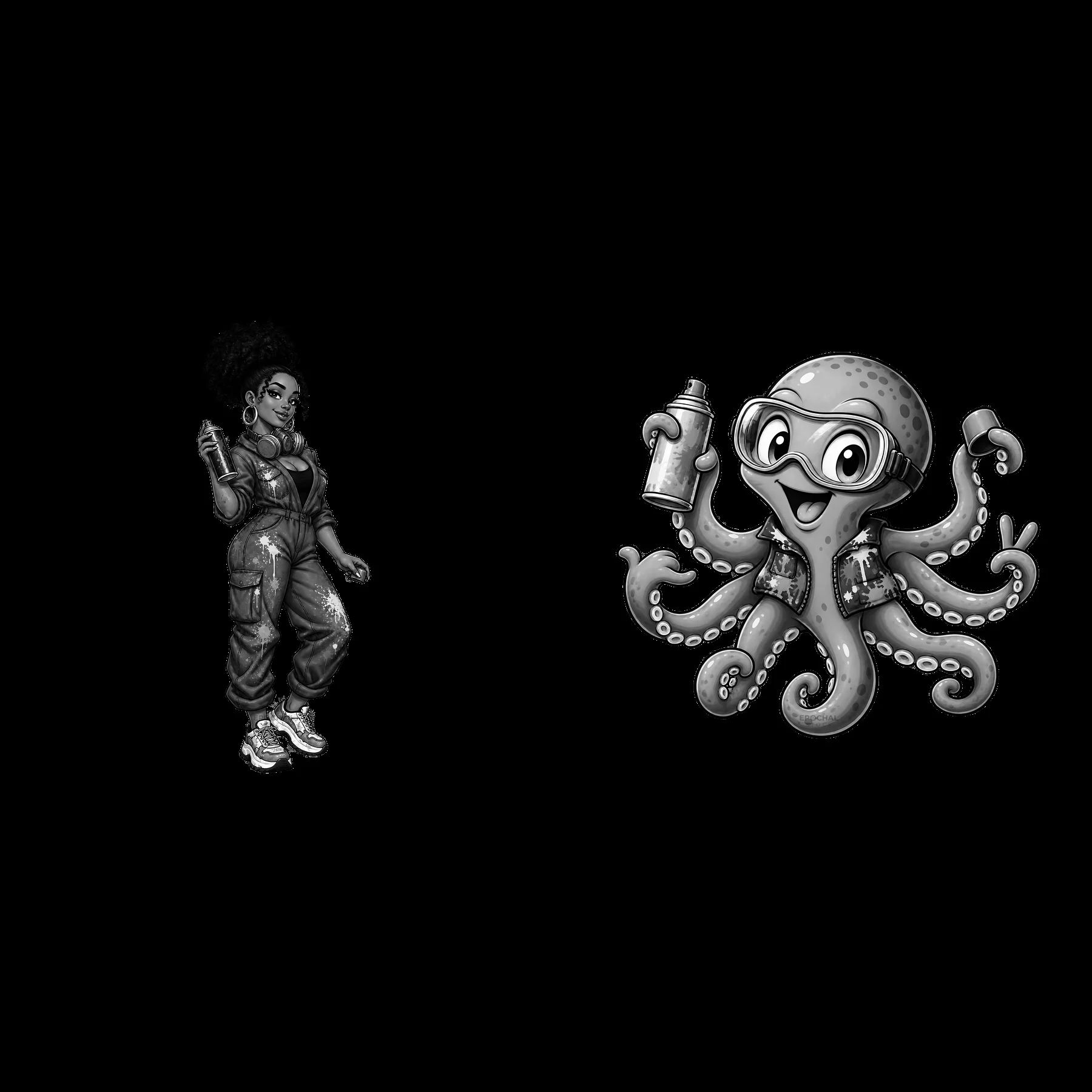 Graffiti artist and octopus spray painting in black and white - AI-generated stock image