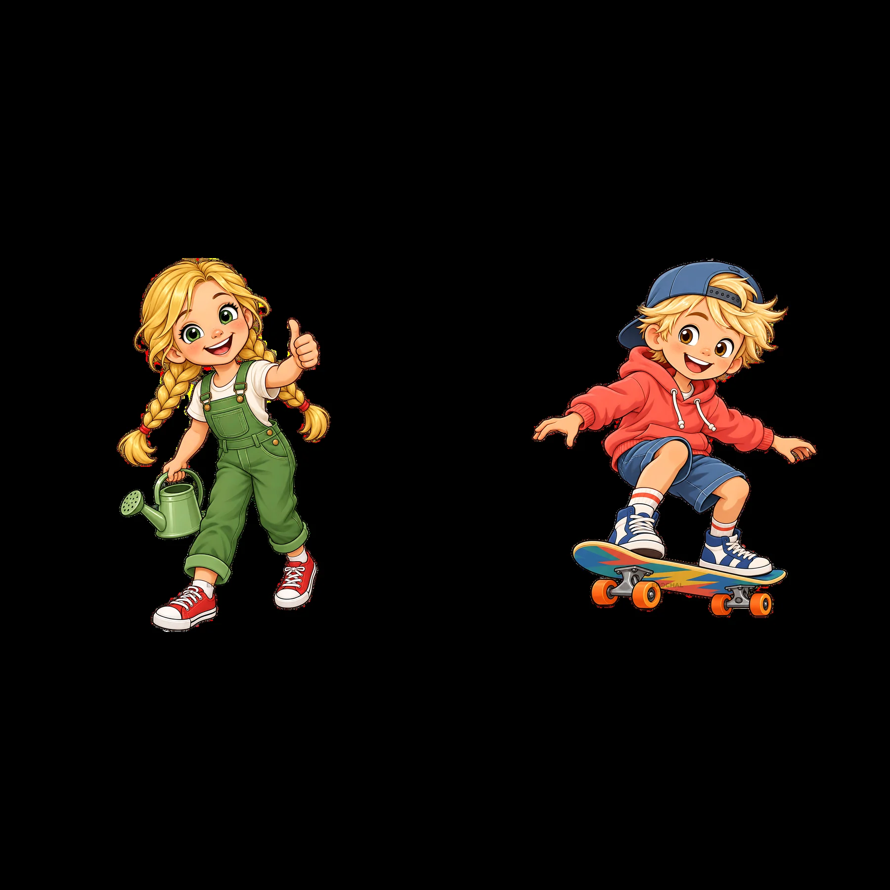 Blond children with watering can and skateboard in a playful scene - AI-generated stock image