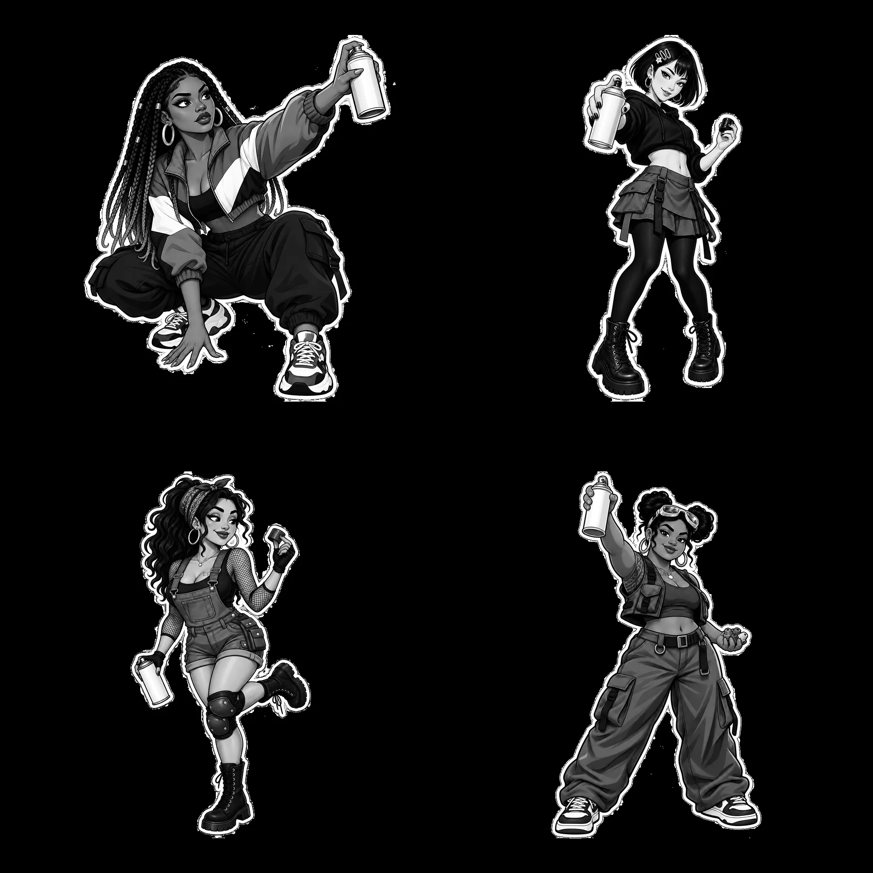 Four sexy female graffiti sprayers with spray cans in black-and-white - AI-generated stock image