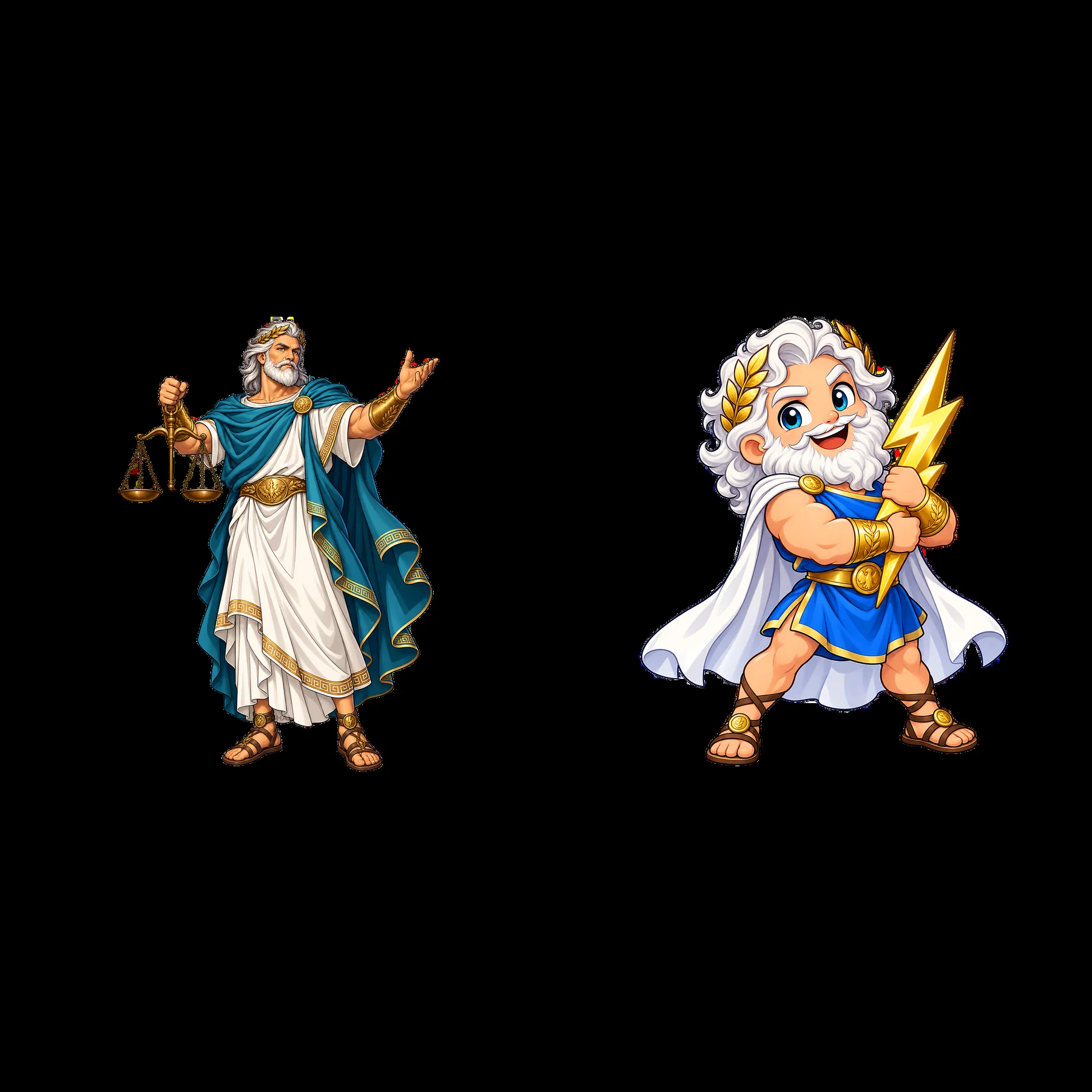 Zeus with lightning bolt and scales, cartoon character duo - AI-generated stock image