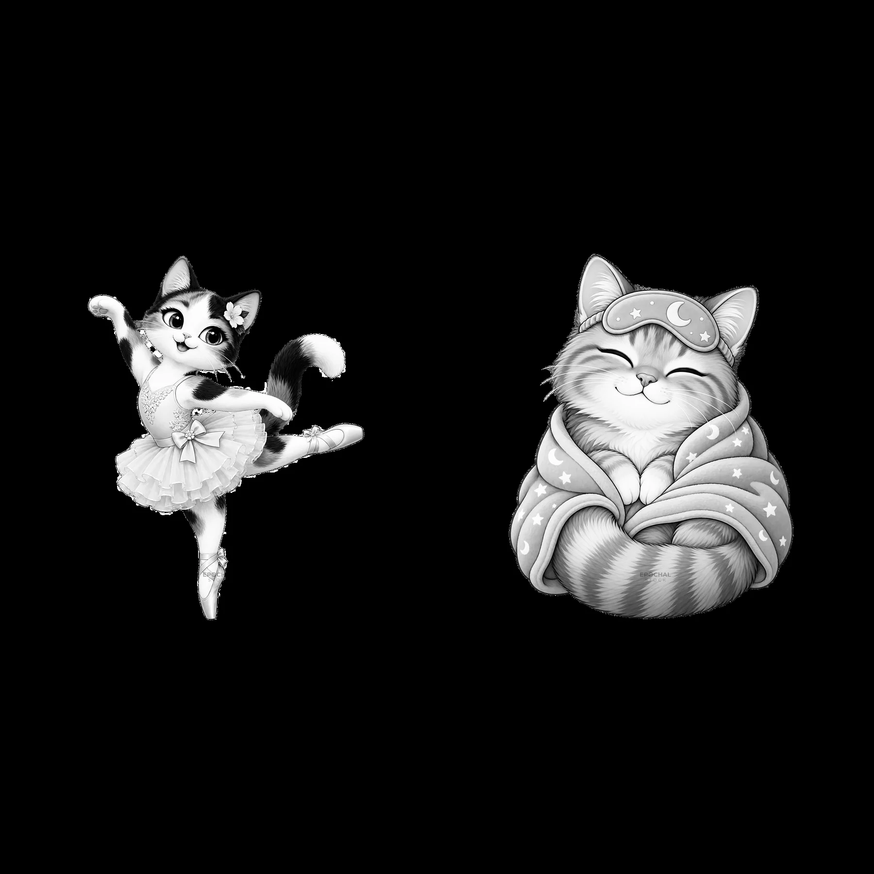 Ballet cat and cozy cat in black and white cartoon sticker - AI-generated stock image