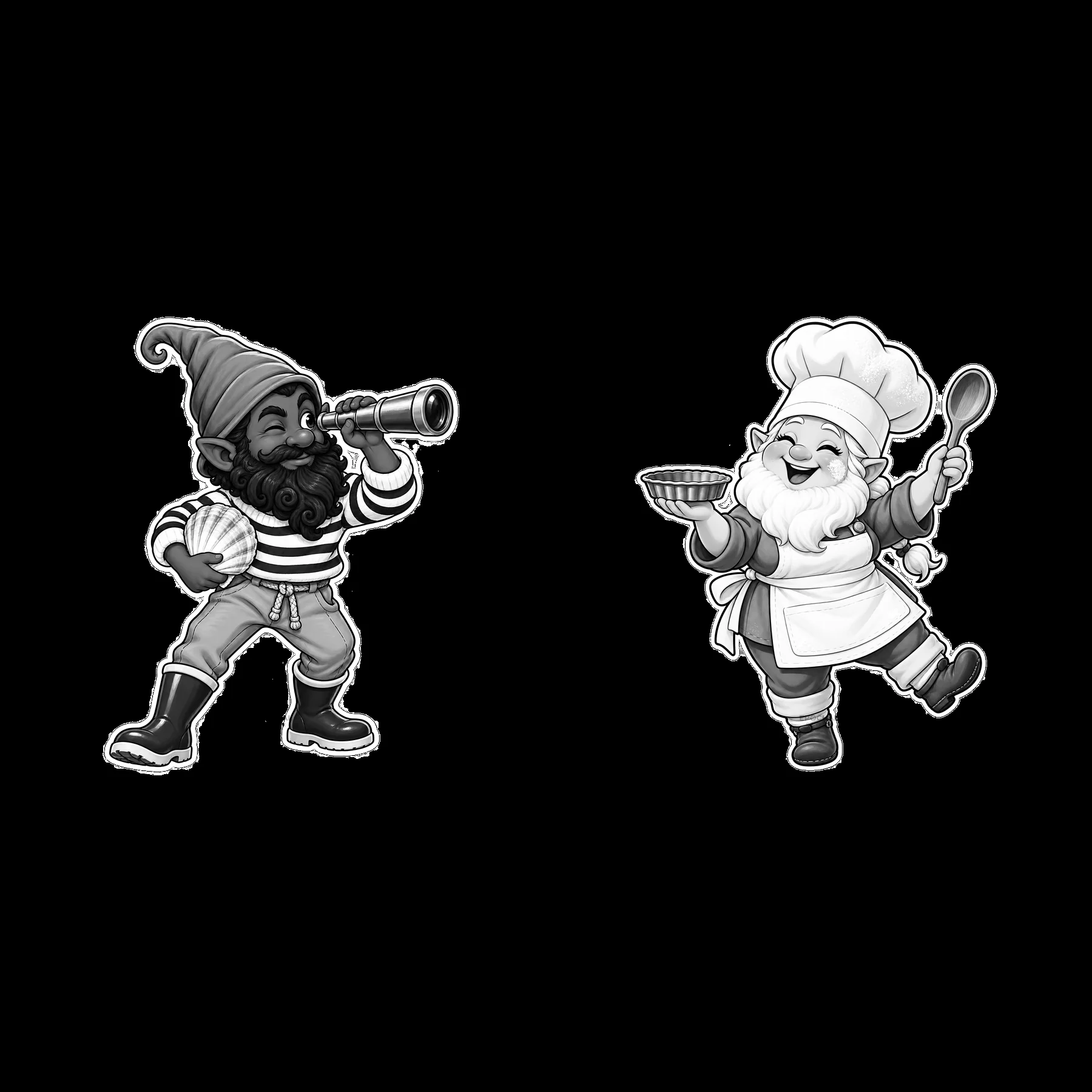 Two gnomes with a telescope and baking dish in black-and-white - AI-generated stock image