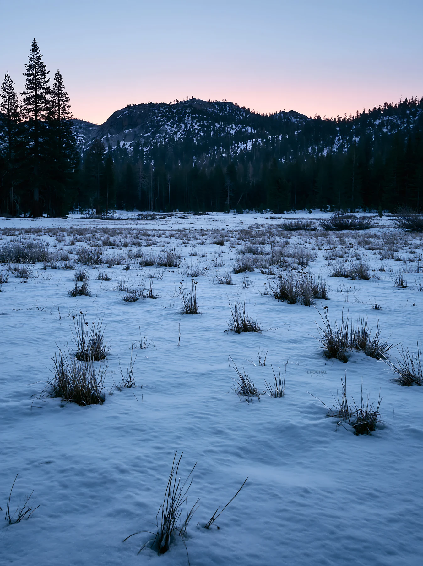 Snowbound meadow with mountains against a twilight sky - AI-generated stock image