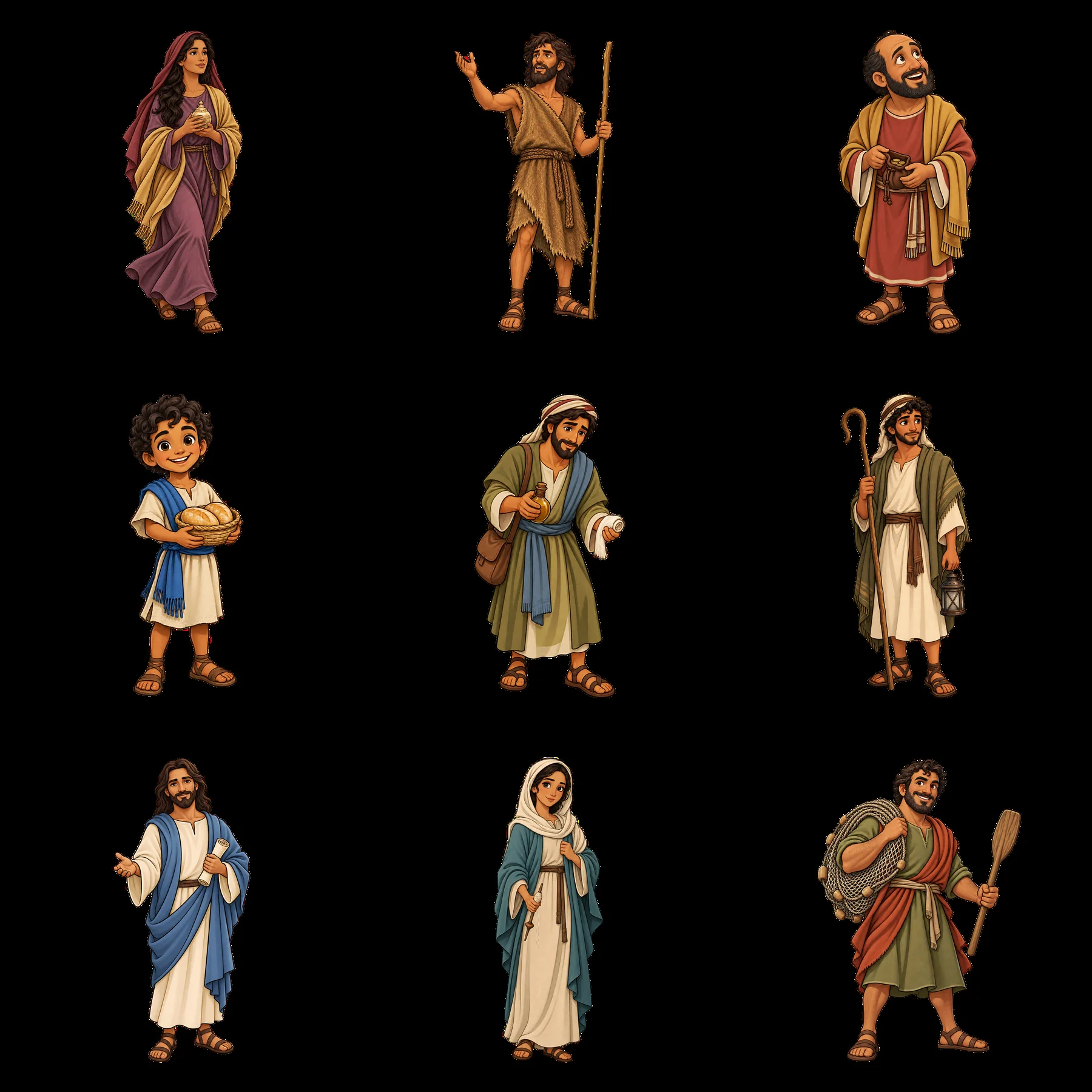 Cartoon characters representing biblical figures in a 3x3 layout - AI-generated stock image