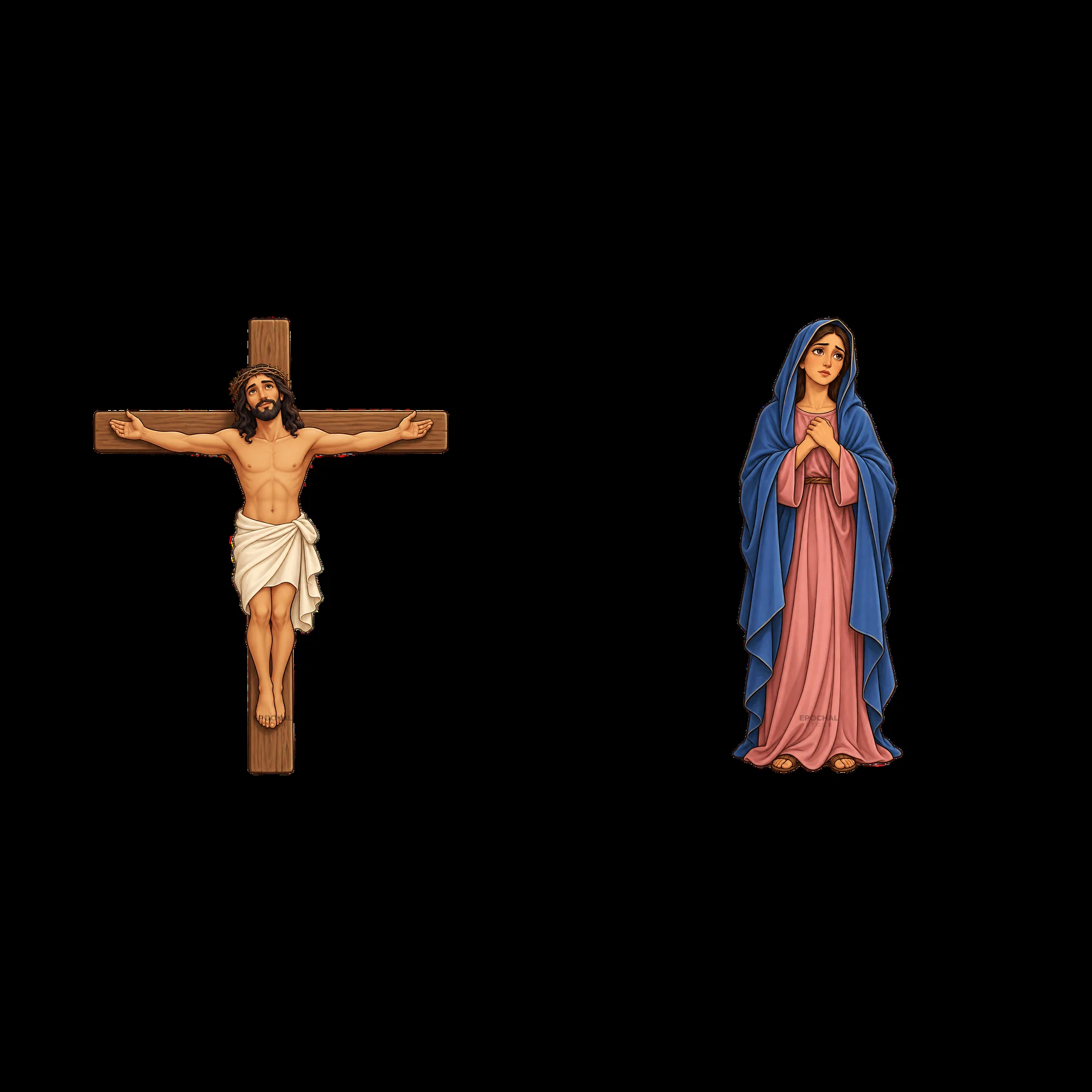Jesus on the cross with Mary standing beside him - AI-generated stock image