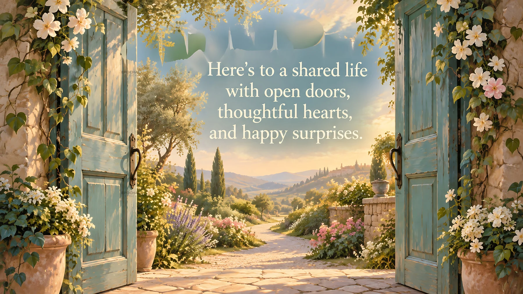 Wedding Greeting with Open Garden Doors - AI-generated stock image