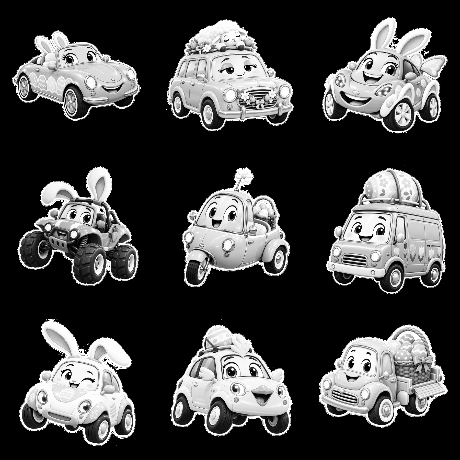 Easter themed cartoon cars with bunny decorations and eggs - AI-generated stock image