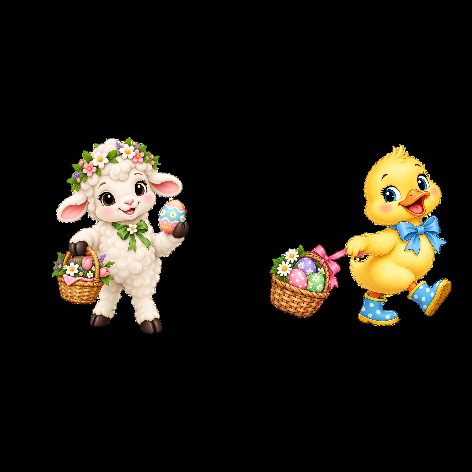 Cute lamb and duckling carrying Easter baskets with colorful eggs - AI-generated stock image