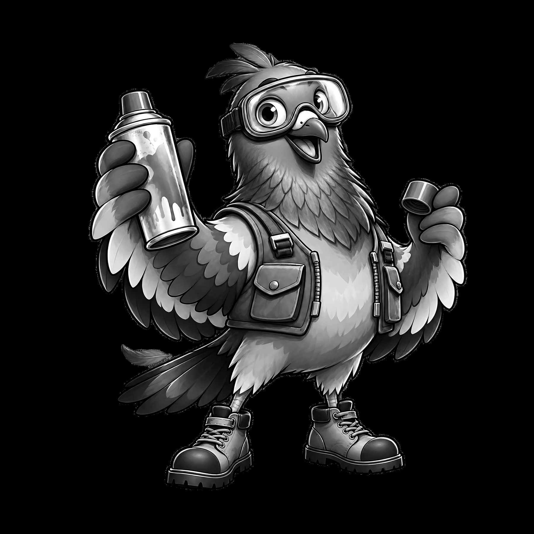 Graffiti sprayer bird character holding spray can and top hat - AI-generated stock image