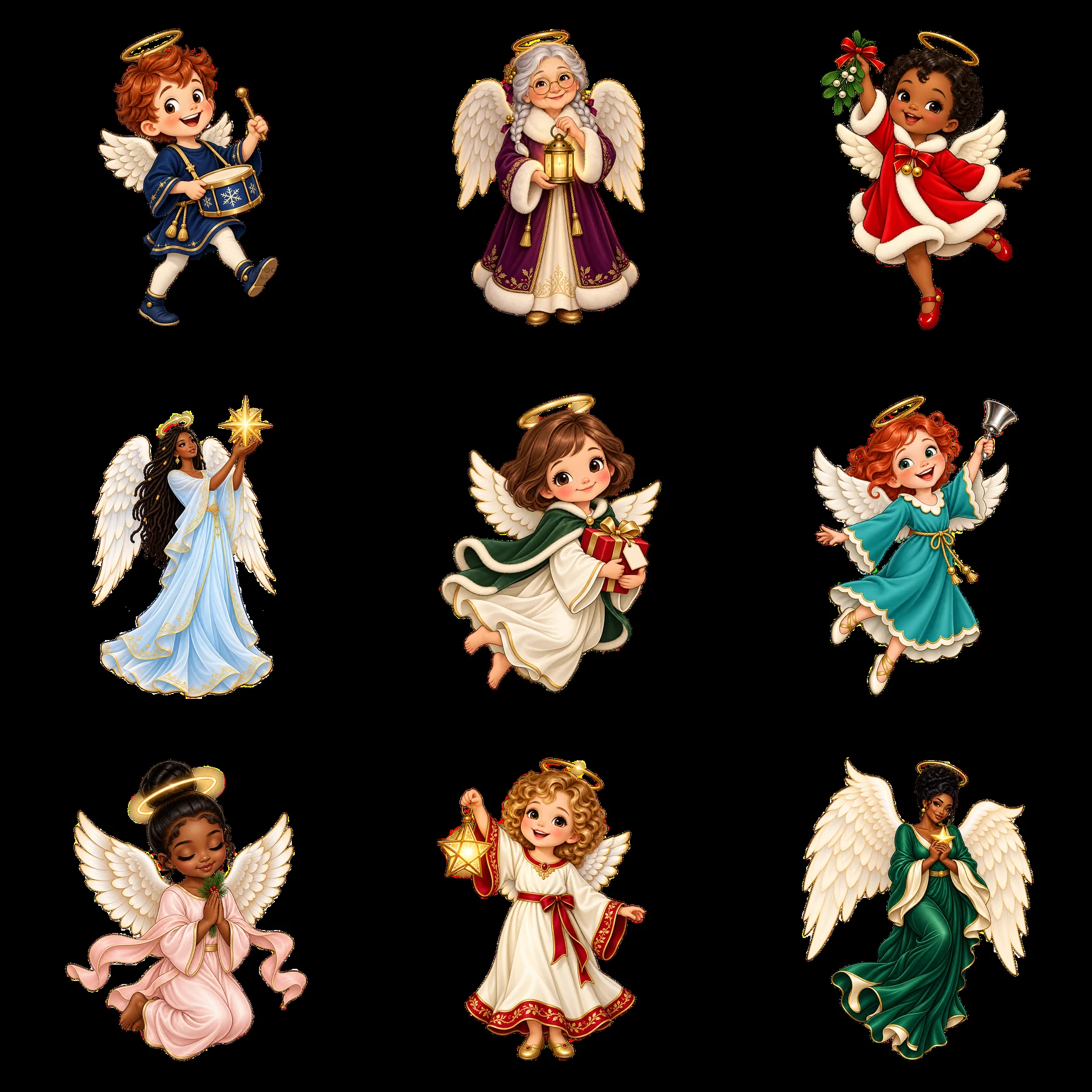 Cartoon angel stickers arranged in a 3x3 grid for Christmas theme - AI-generated stock image