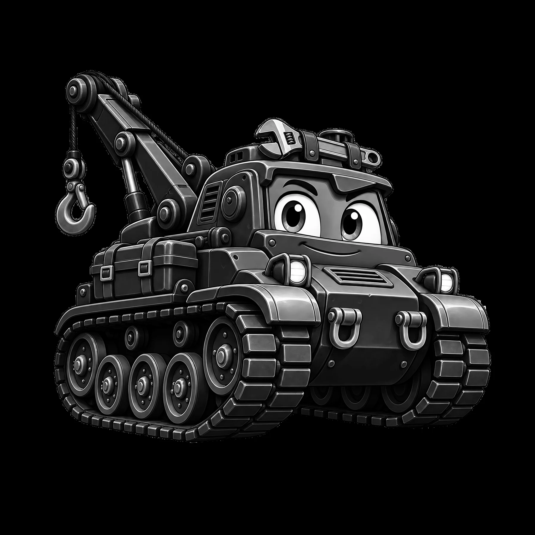 Cartoon tank with crane arm and smiling face design - AI-generated stock image