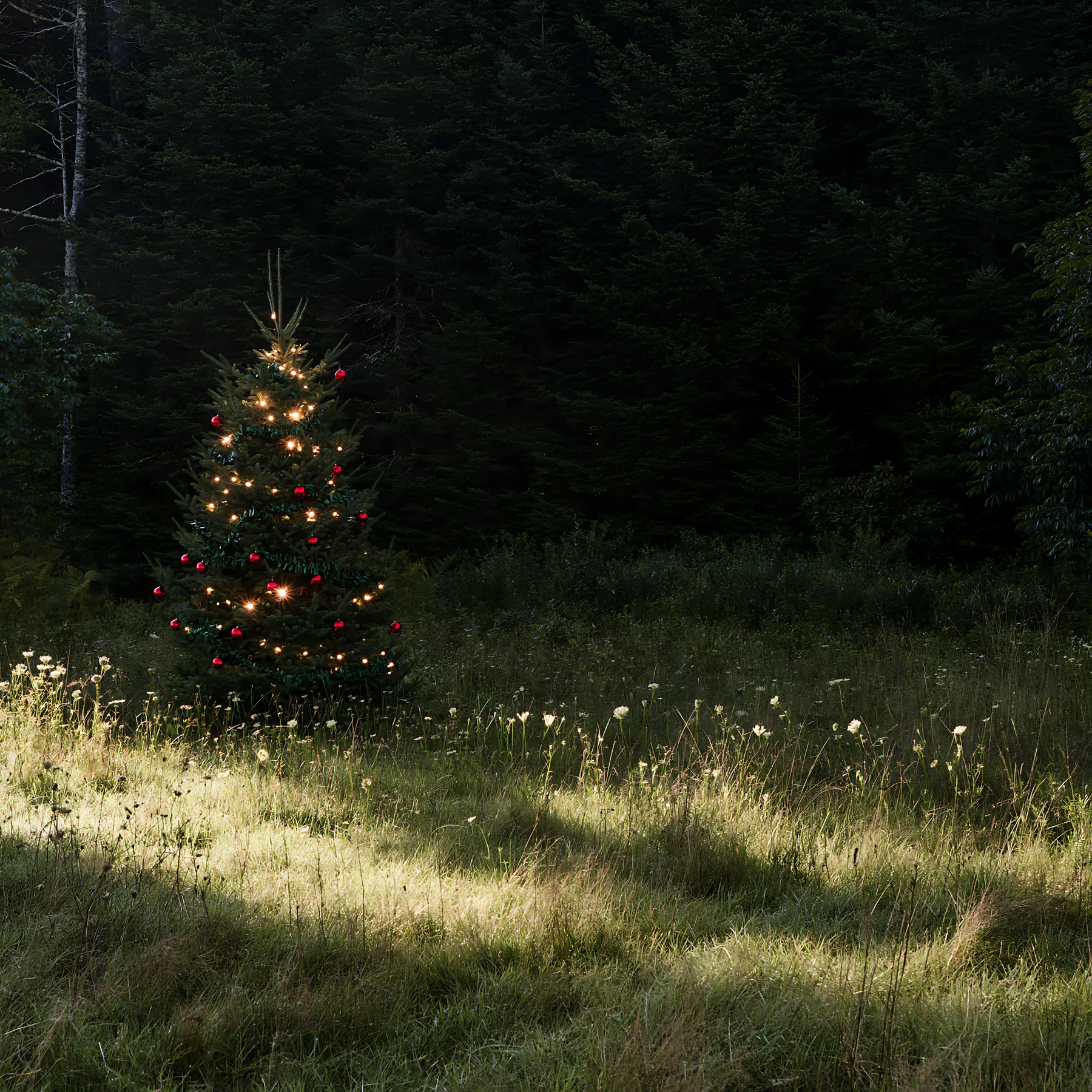 Christmas tree in meadow with light rays filtering through clouds - AI-generated stock image