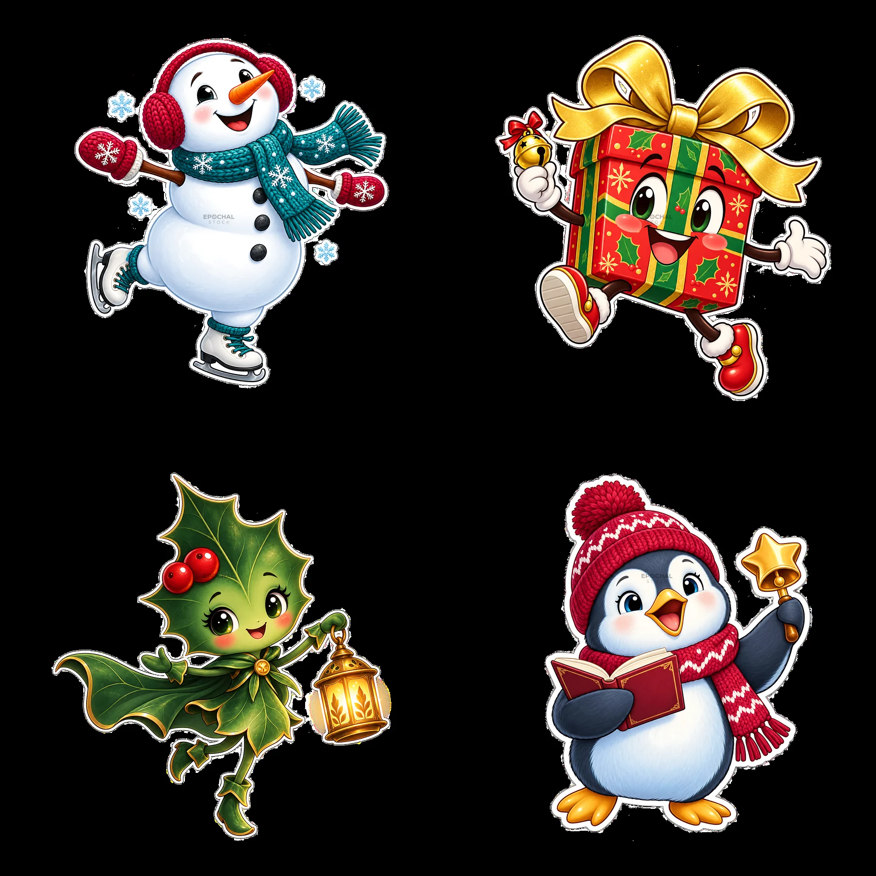 Four cartoon figure stickers in a square arrangement - AI-generated stock image