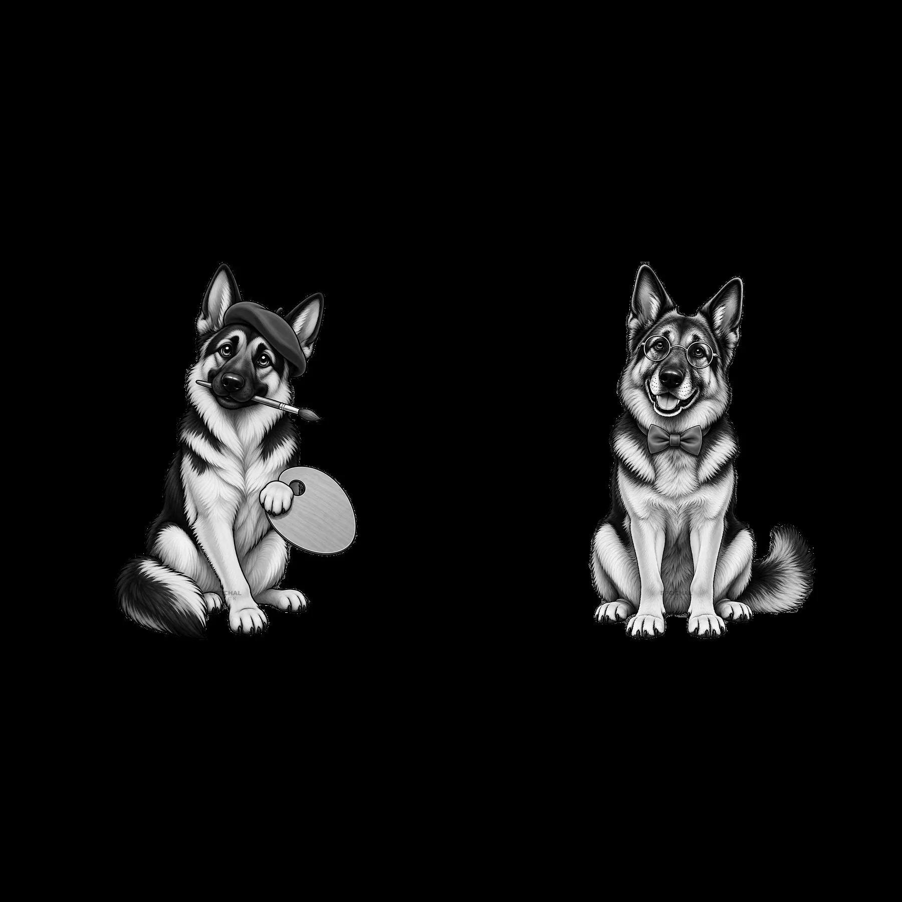 Two German Shepherd dogs with toy in black and white illustration - AI-generated stock image