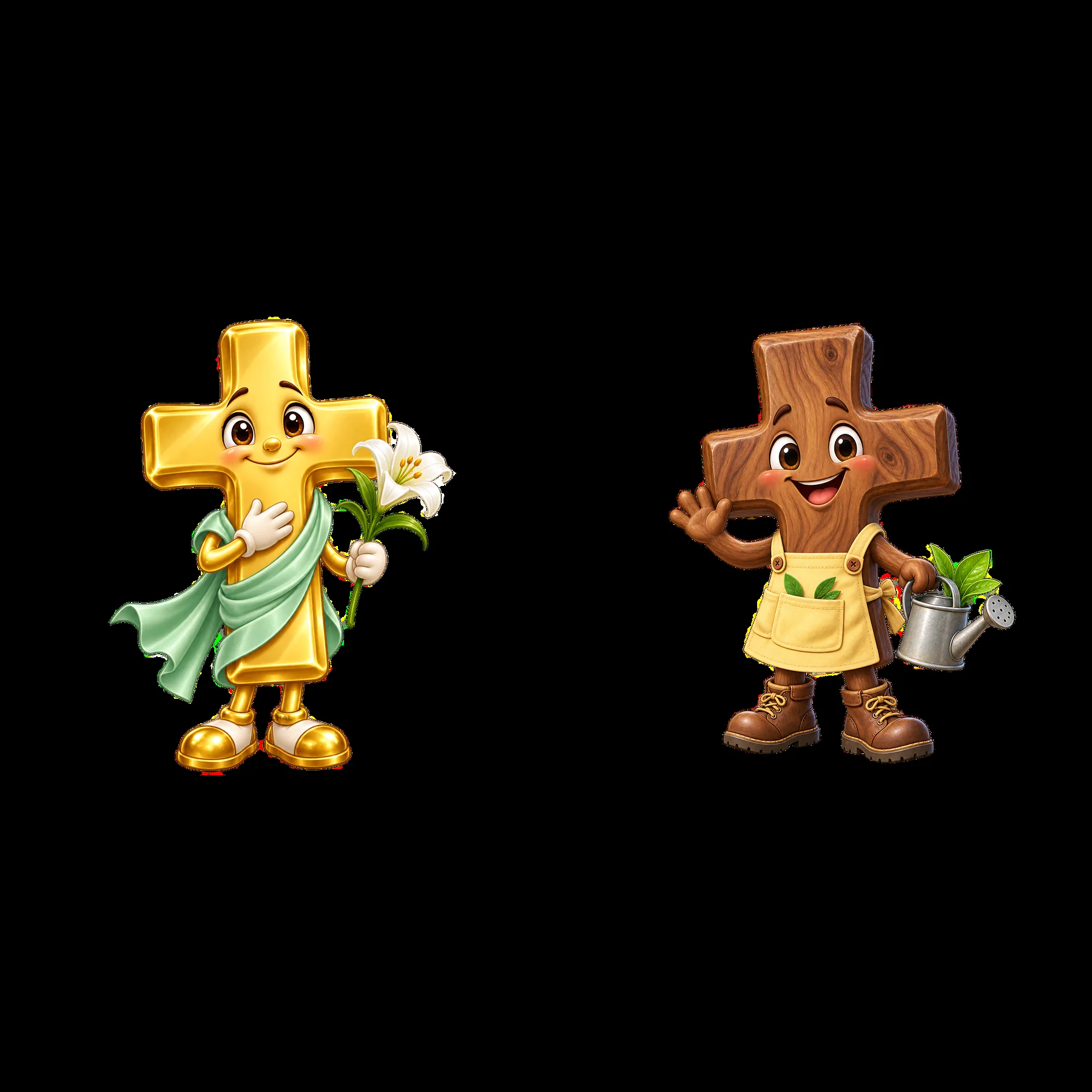 Easter cross characters with flowers and gardening tools - AI-generated stock image