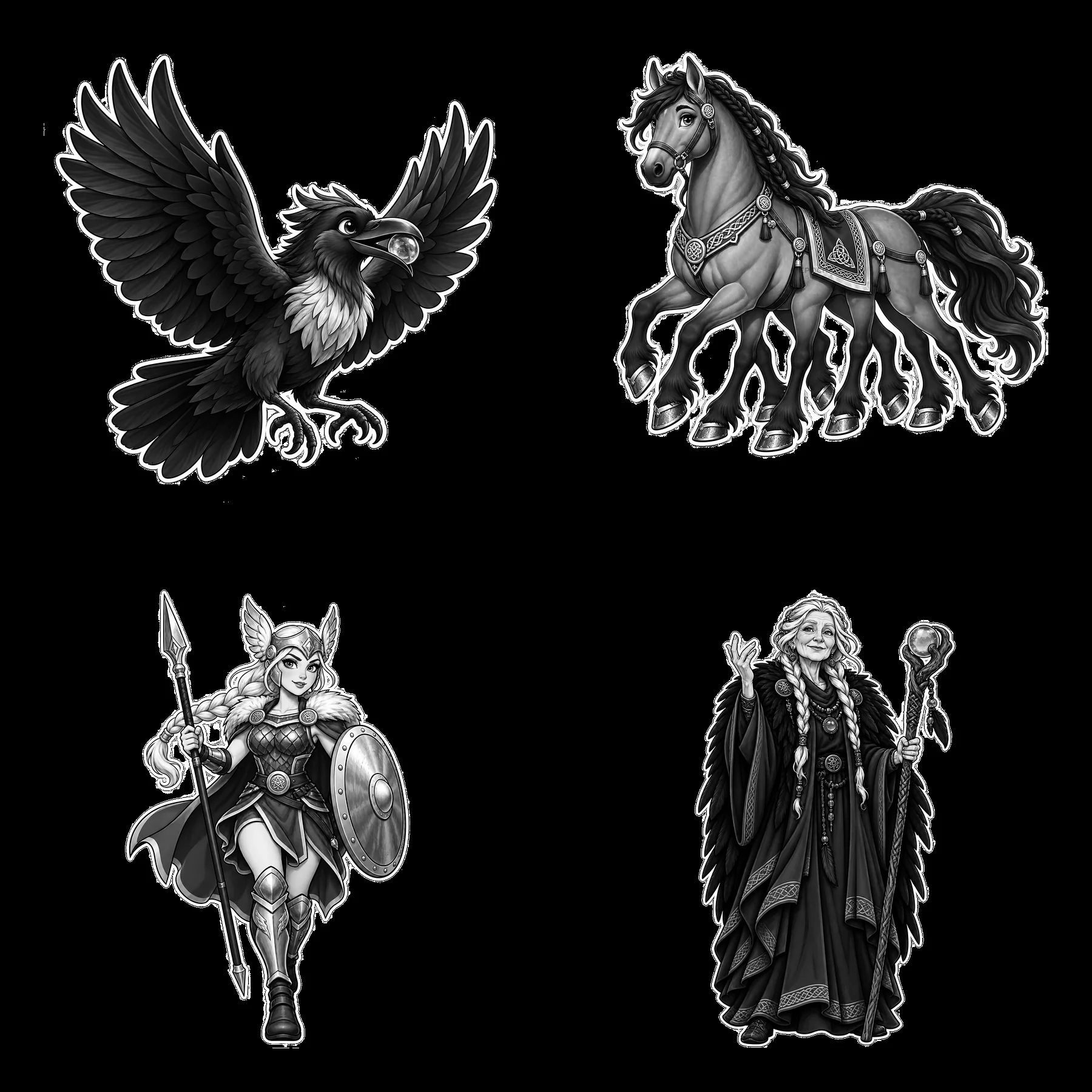Odin the Norse All-Father with his horse and raven in black and white - AI-generated stock image