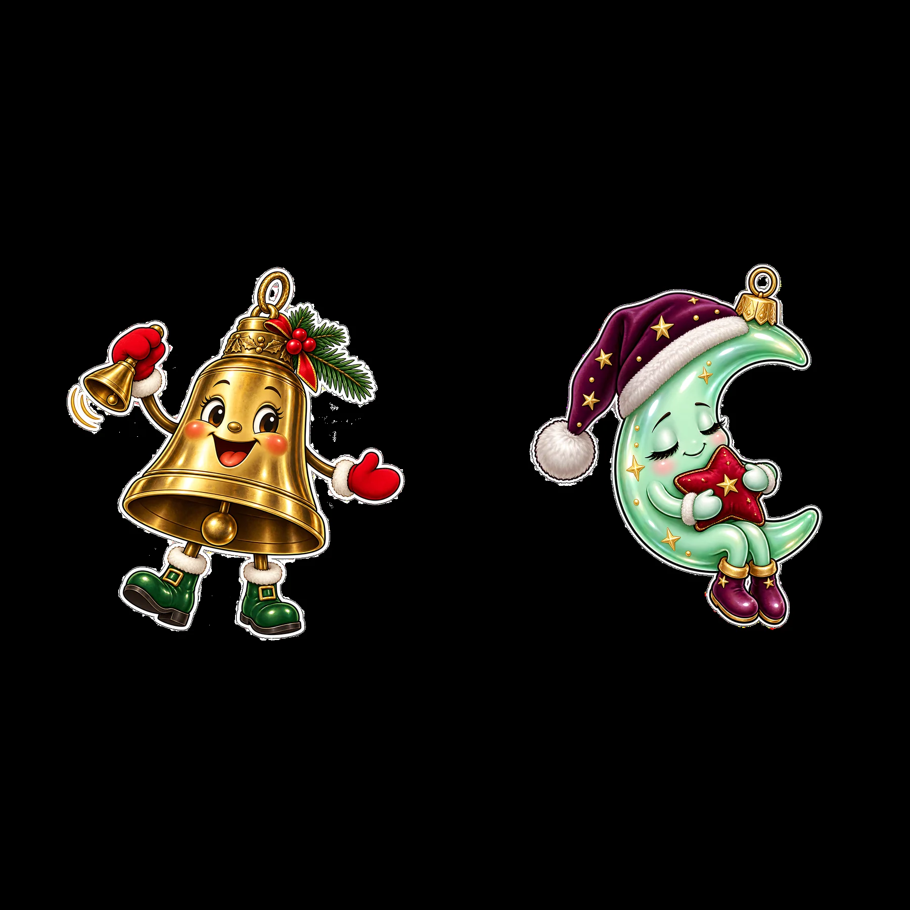 Cheerful bell and moon characters as Christmas ornaments - AI-generated stock image