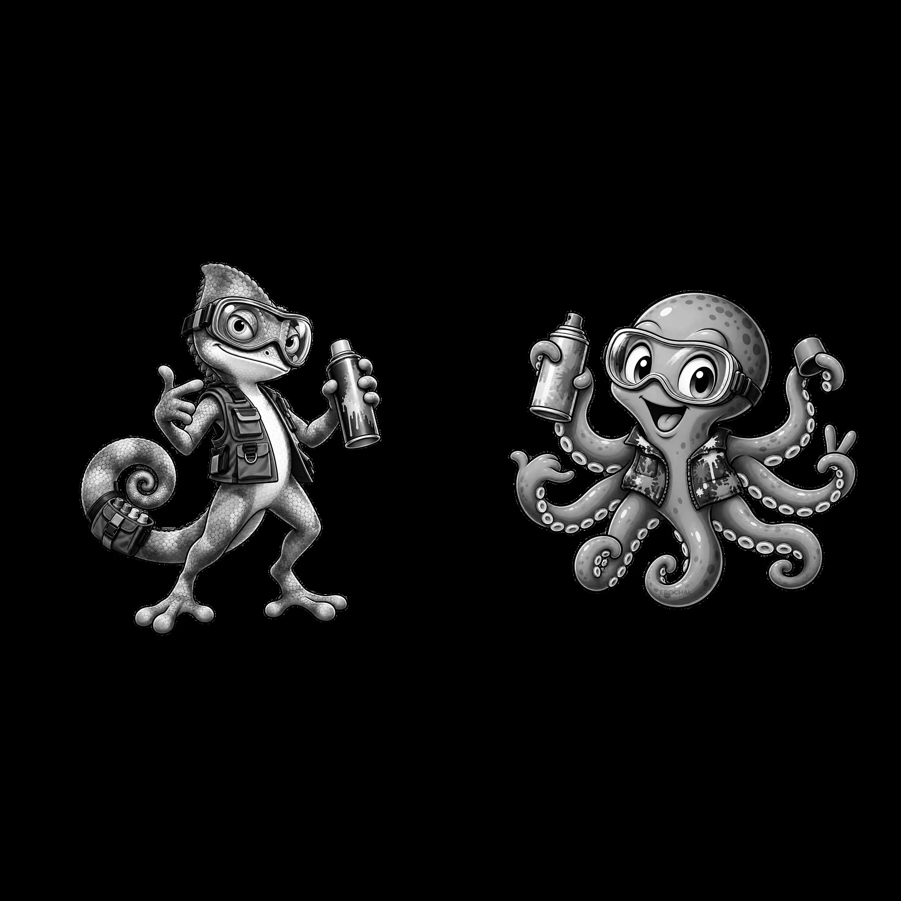 Cartoon gecko and octopus graffiti sprayers with spray cans - AI-generated stock image