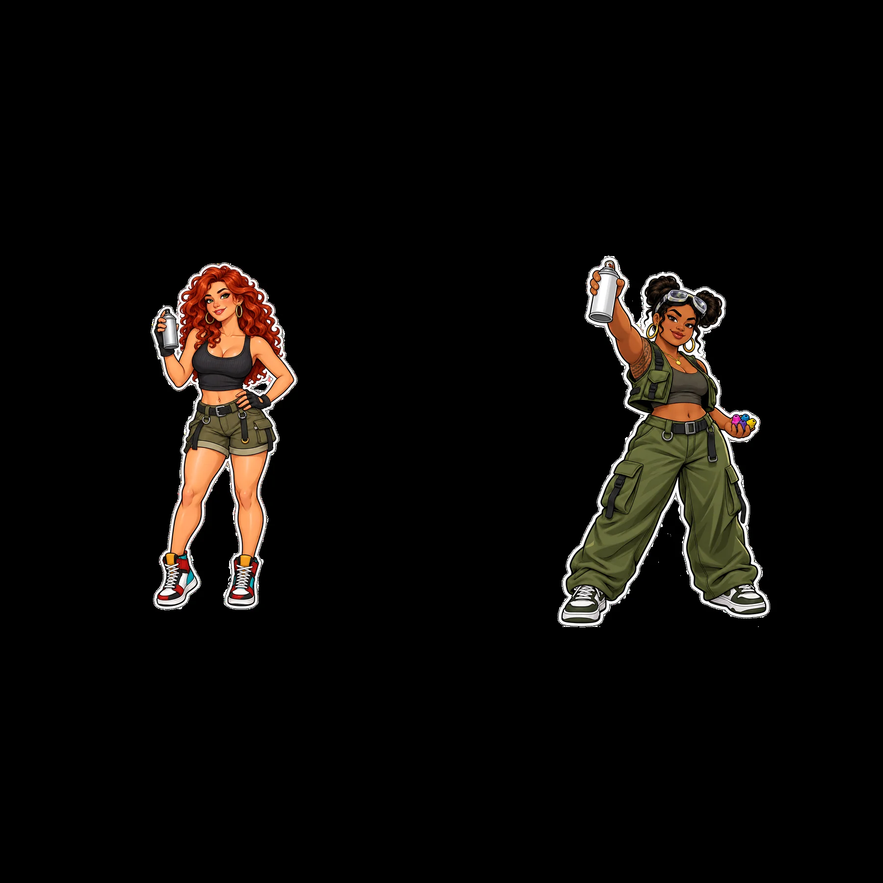 Sexy female graffiti sprayers with spray cans in urban attire - AI-generated stock image