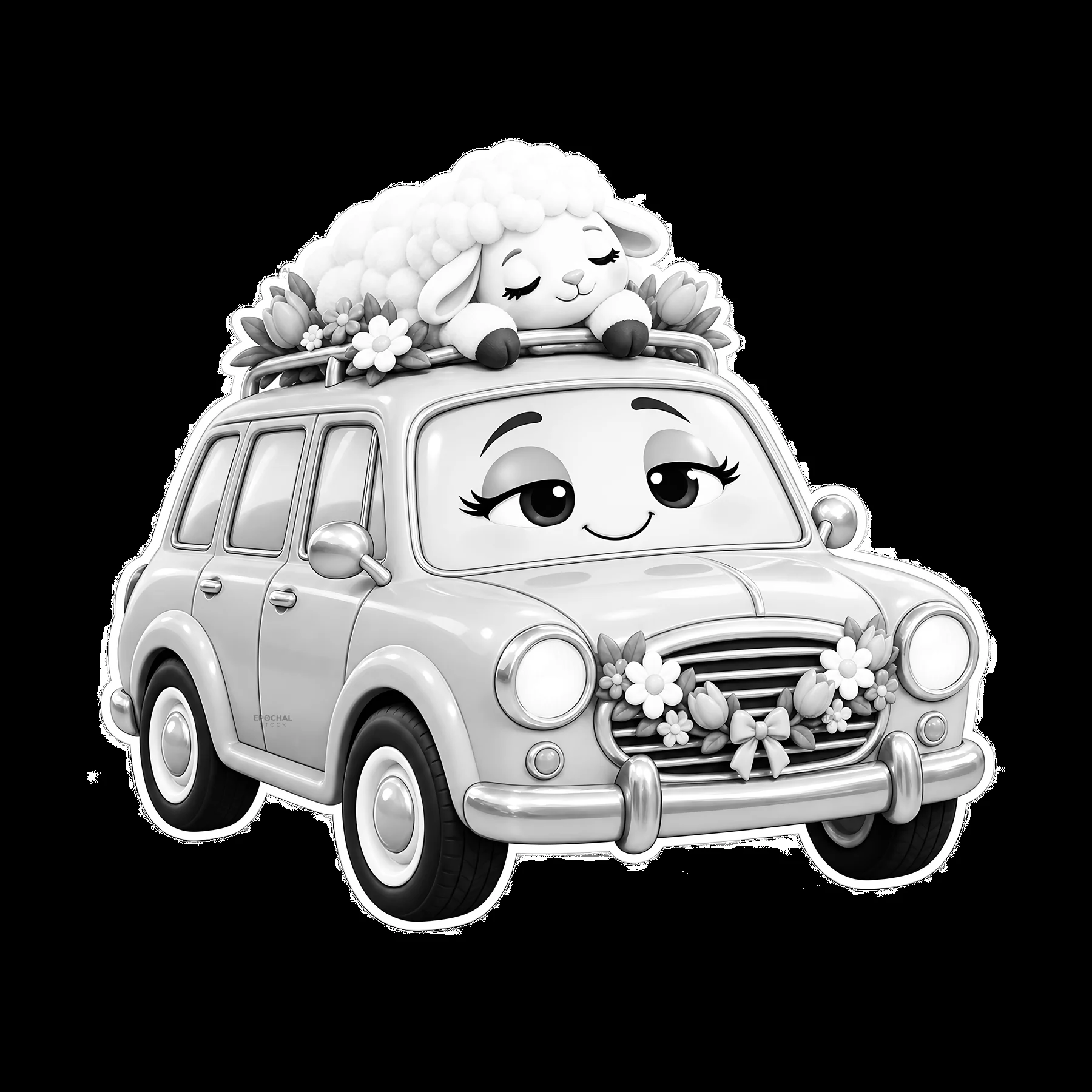 Easter car with sheep and flowers on the roof - AI-generated stock image