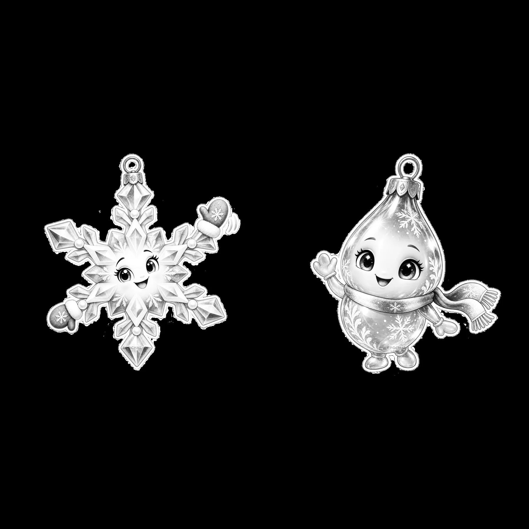 Monochrome two isolated cartoon figure stickers - AI-generated stock image