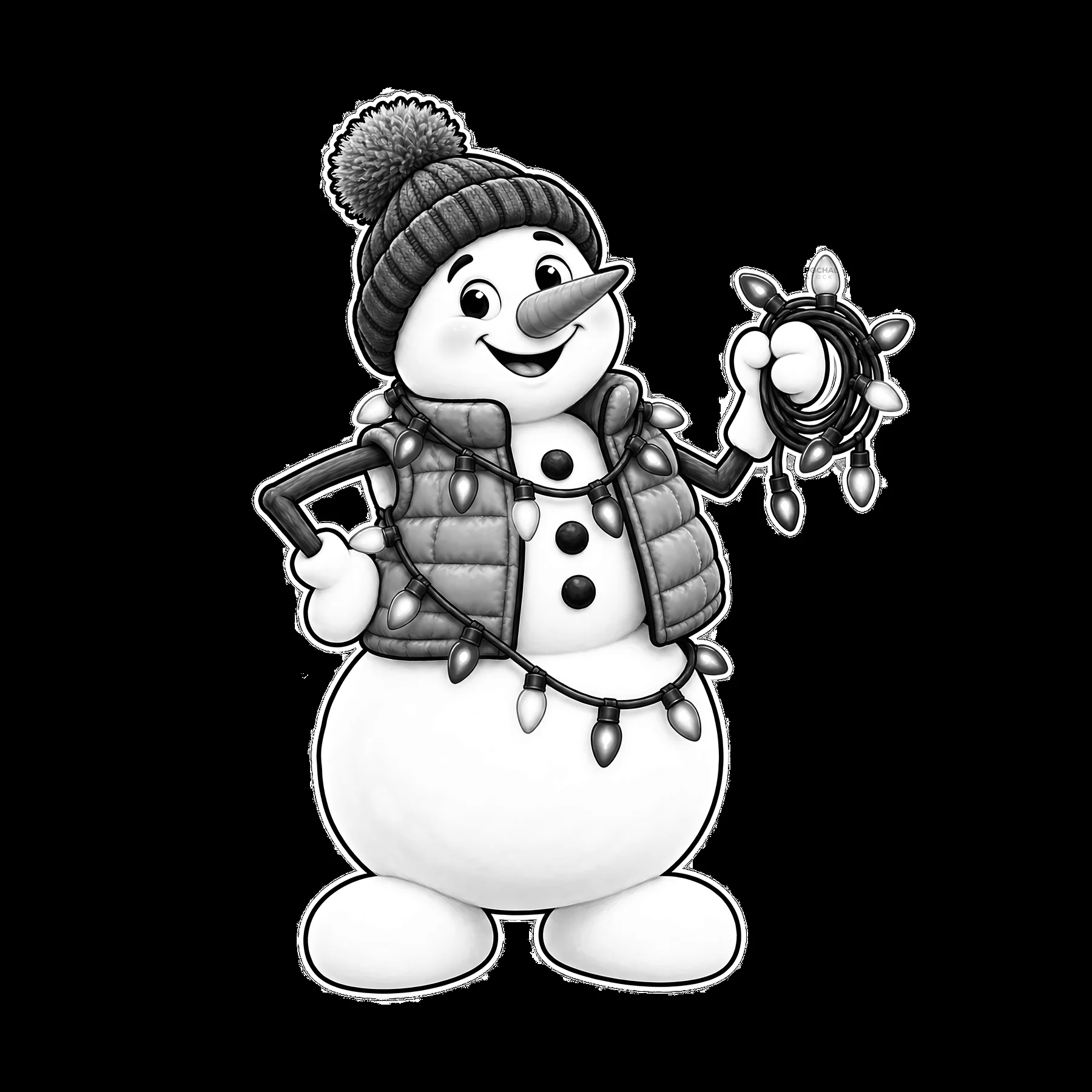 Snowman holding string lights in a winter setting - AI-generated stock image