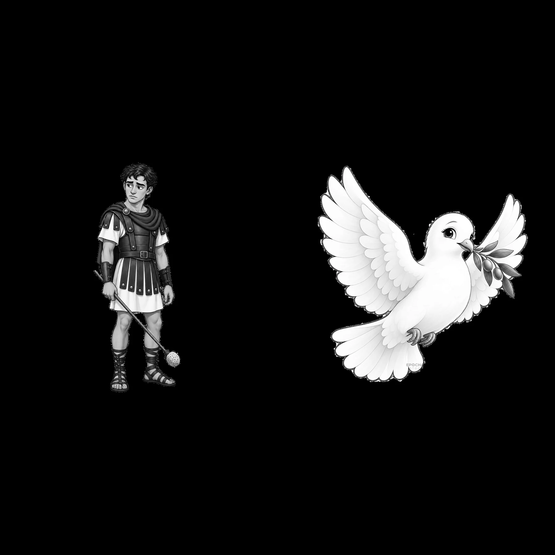 Soldier with shield and dove carrying olive branch - AI-generated stock image