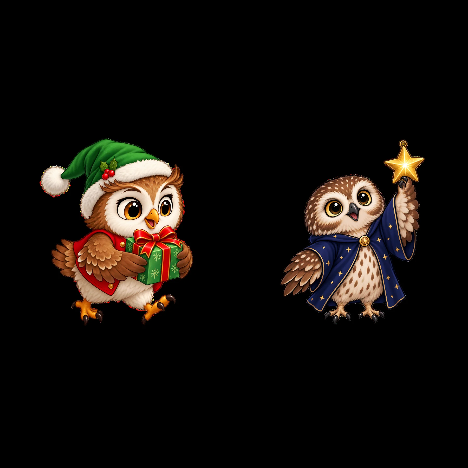 Christmas owls with a gift and a wand - AI-generated stock image