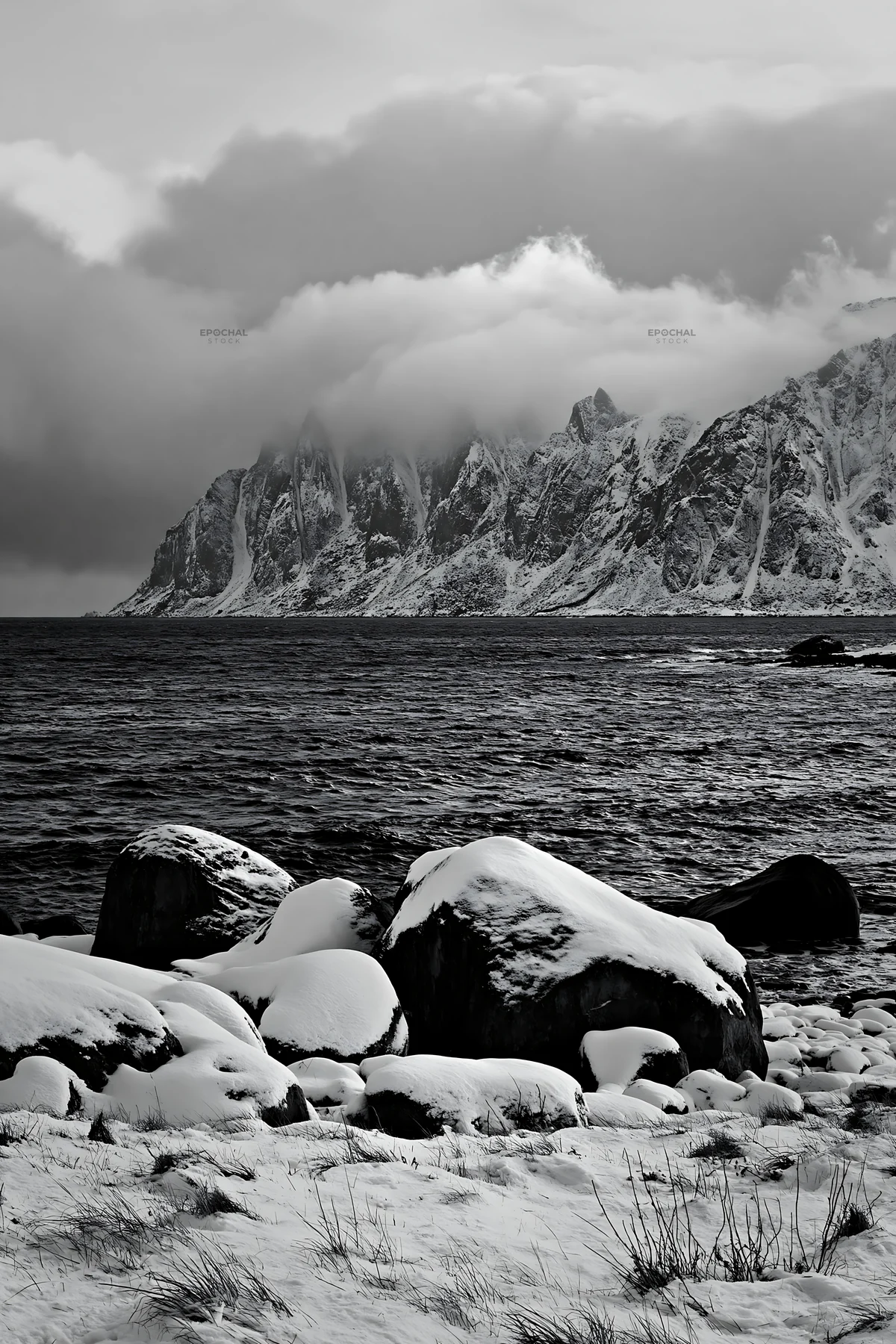 Black and white lofoten coastal meadow winter snow with rocky shoreline - AI-generated stock image
