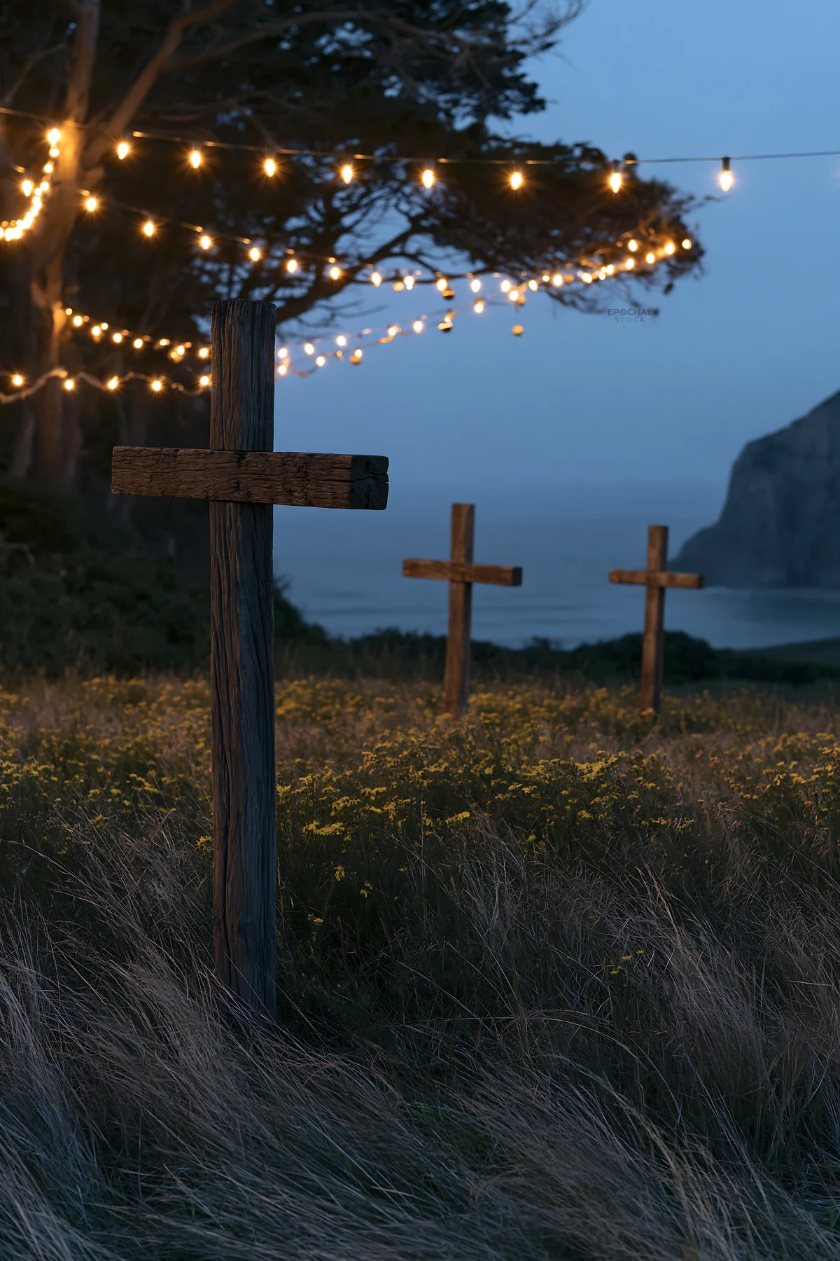 Christian crosses among yellow flowers at dusk - AI-generated stock image