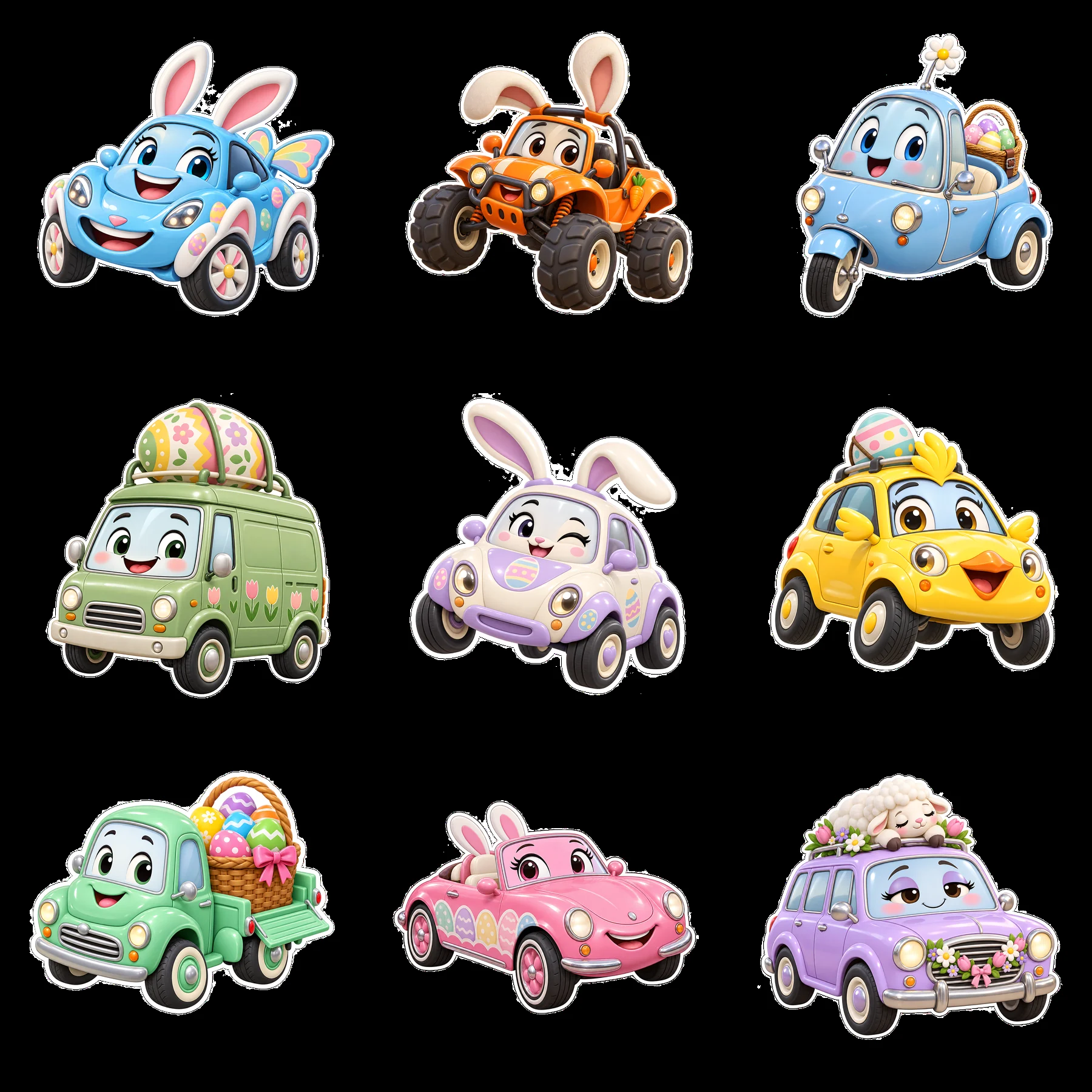 Colorful Easter-themed cartoon cars in a 3x3 layout - AI-generated stock image