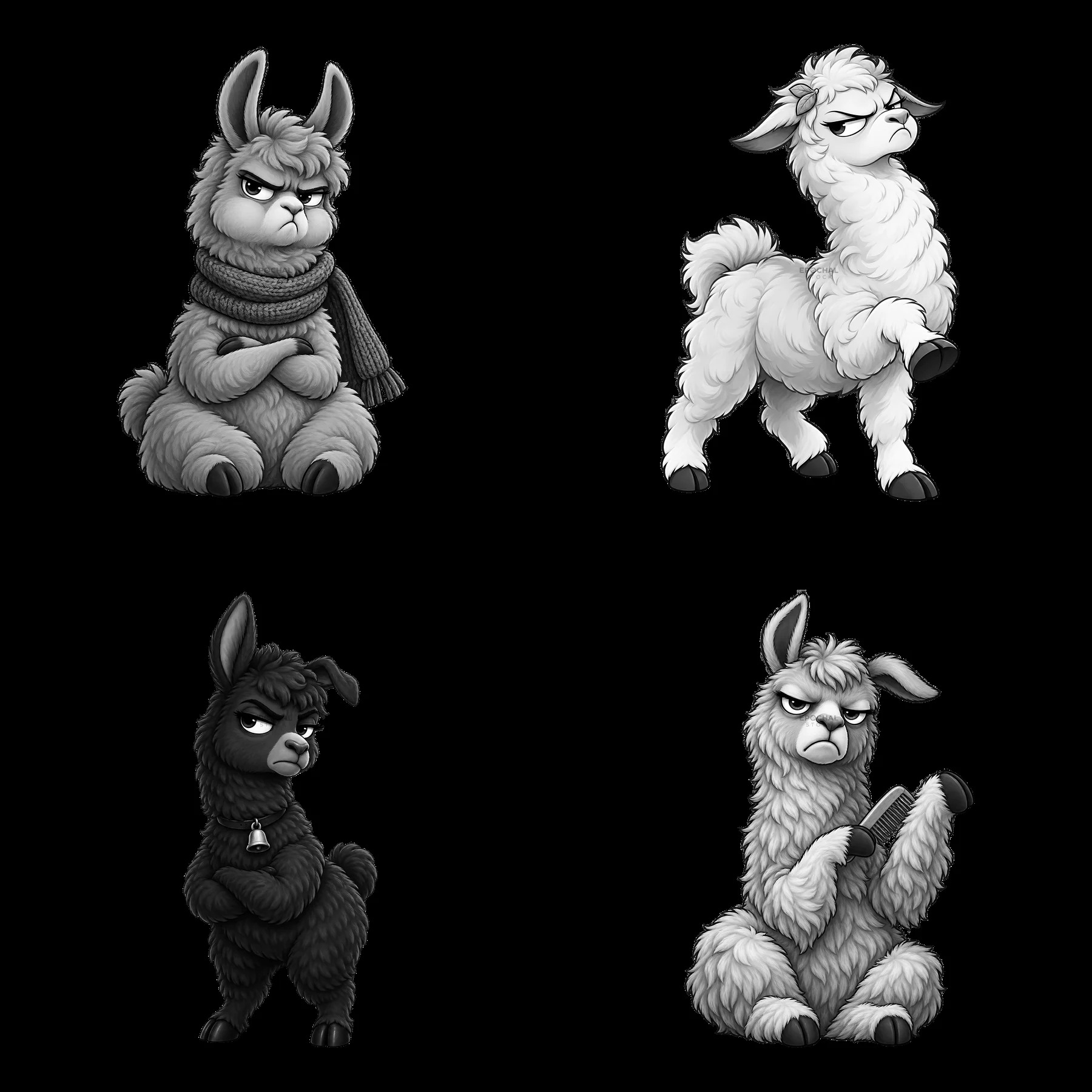 Grumpy cartoon llamas in four distinct poses and expressions - AI-generated stock image