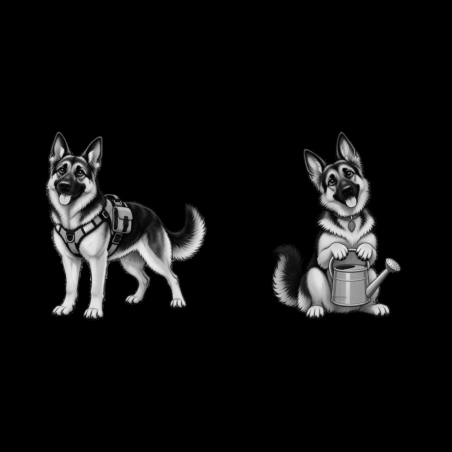 German Shepherd dogs with gear and watering can sticker design - AI-generated stock image