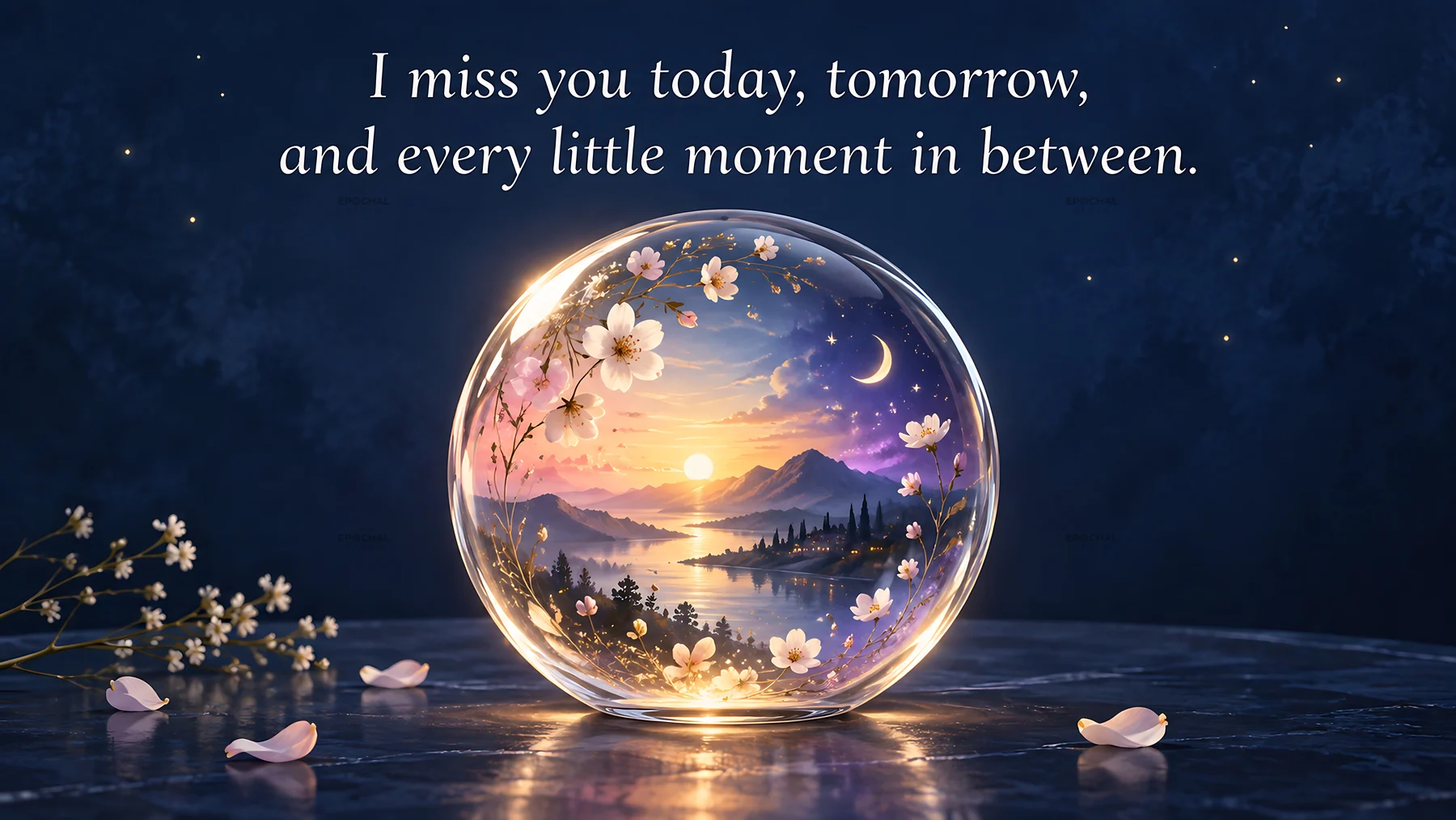 I Miss You Greeting with a Dreamlike Glass Sphere - AI-generated stock image