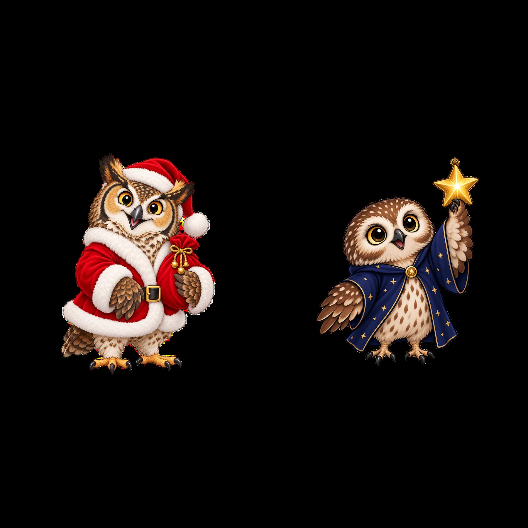 Christmas owls in festive clothing with accessories - AI-generated stock image